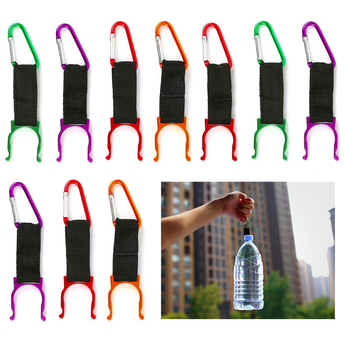 Water Bottle Clip Buckle Holder, 10 PCS Portable Colorful Bottle Carabiner Holder Hook with D-Ring Hook for Camping Hiking Traveling with Emergency Aluminum Whistle by DomeStar