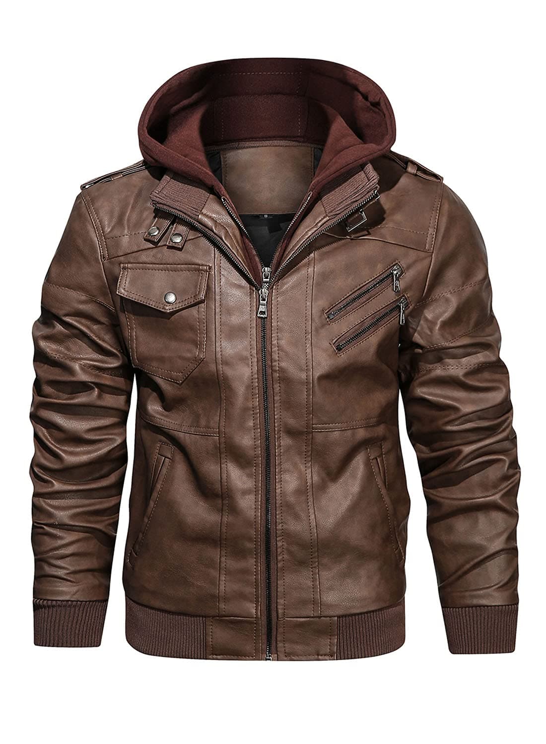 Men’s Casual Stand Collar PU Faux Leather Zip-Up Motorcycle Bomber Jacket With a Removable Hood