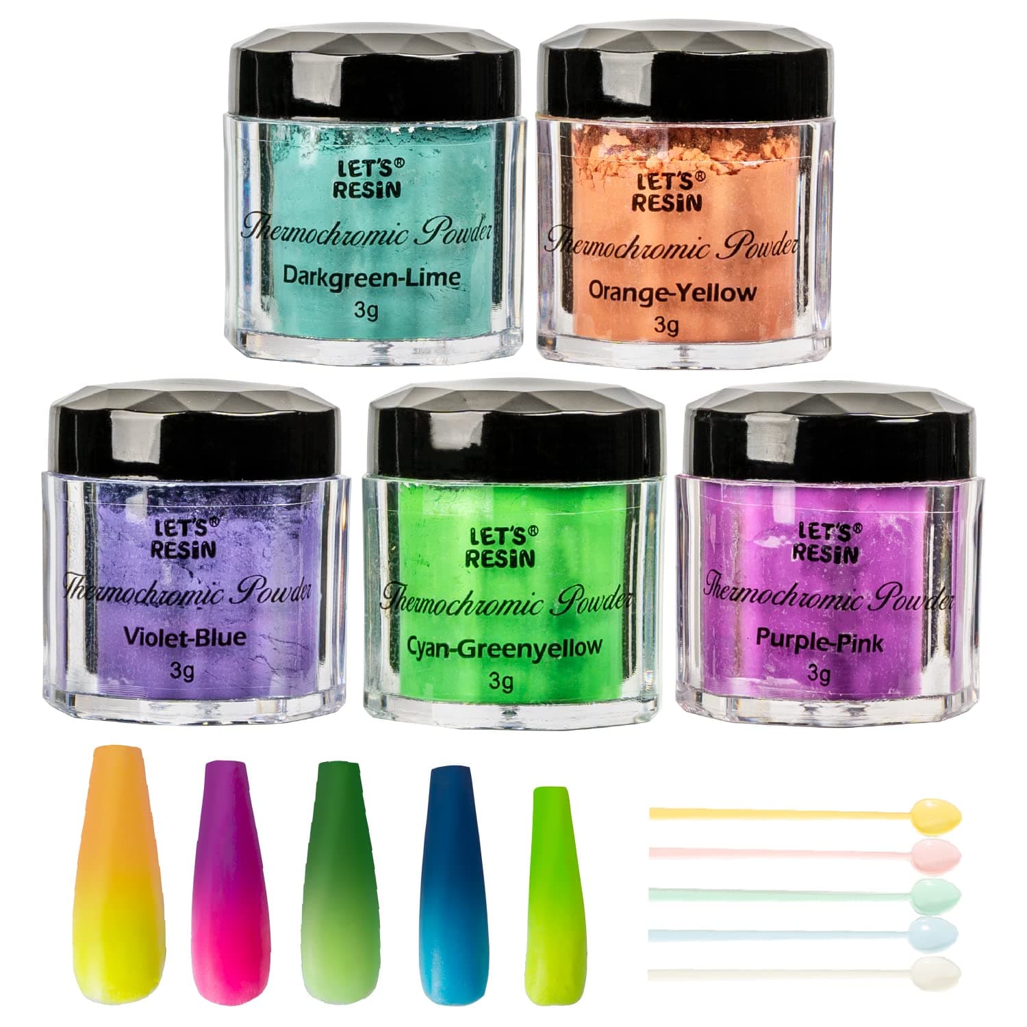 Thermochromic Pigment Powder Temperature Activated That Changes at 88°F-5 Colors Changing Powder for Nail Polish, Paint, Slime, Epoxy, Resin, Ink, Fabric Art, Casting-3 Gram Each