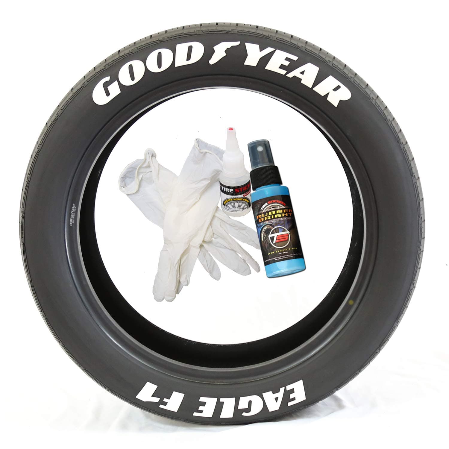 Tire Stickers Goodyear Eagle F1 - DIY Permanent Rubber Tire Lettering Kit with Glue & 2oz Touch-Up Cleaner / 19-21 Inch Wheels / 1.00 Inches/White 8 Pack