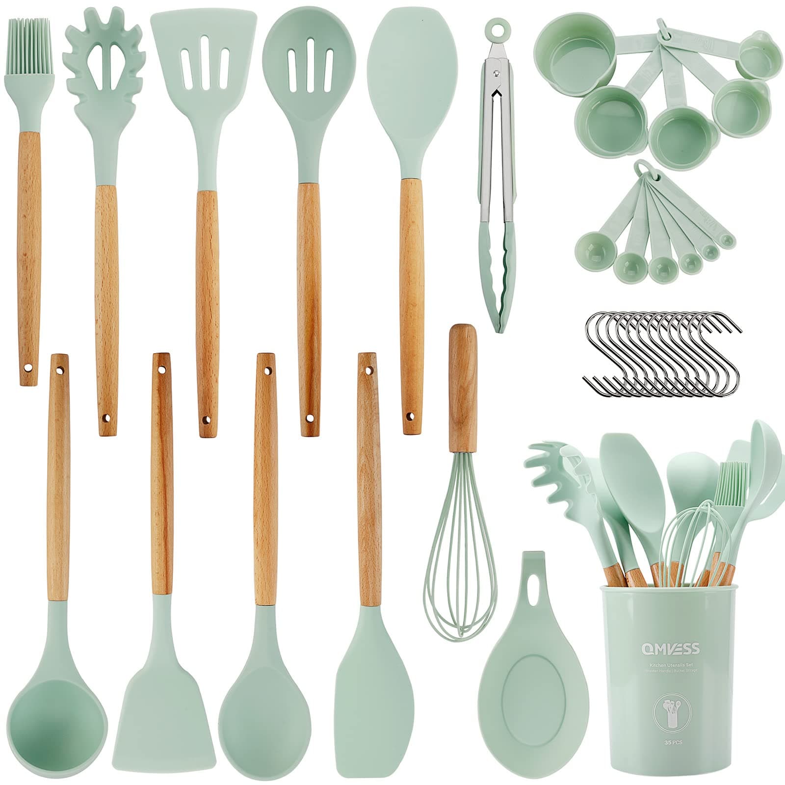 QMVESS Kitchen Utensils Set, 35 Pcs Non-Stick Silicone Cooking Utensils Set with Holder, Sturdy Wooden Handle, Heat Resistance Silicone Spatula Spoon Kitchen Gadgets Utensils Set (Light Green)