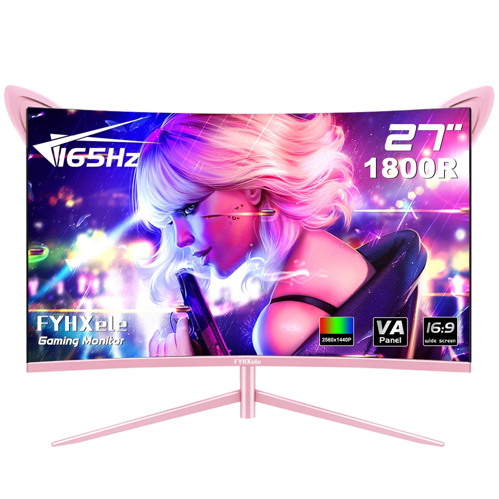 FY27QHP Pink Monitor 27 Inch Curved Gaming 165Hz - Support 144Hz 1800R 1ms QHD 2560 x 1440P VA Screen, Built-in Speakers, AMD Free-Sync, HDMI, DP, USB, AUX, Tilt Adjustable
