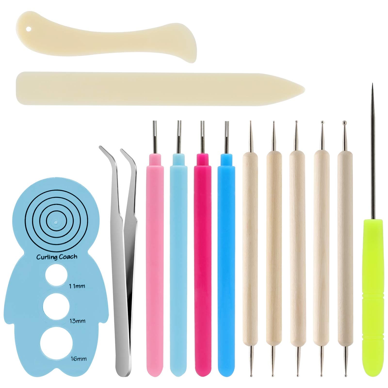 KITANIS 14Pcs Paper Quilling Tool and Supplies, Include 5Pcs Double Head Indentation Pens, 4Pcs Slotted Pens, 2Pcs Bone Folder Tools, Awl, Tweezer and Curling Coach for Card Making, Bookbinding