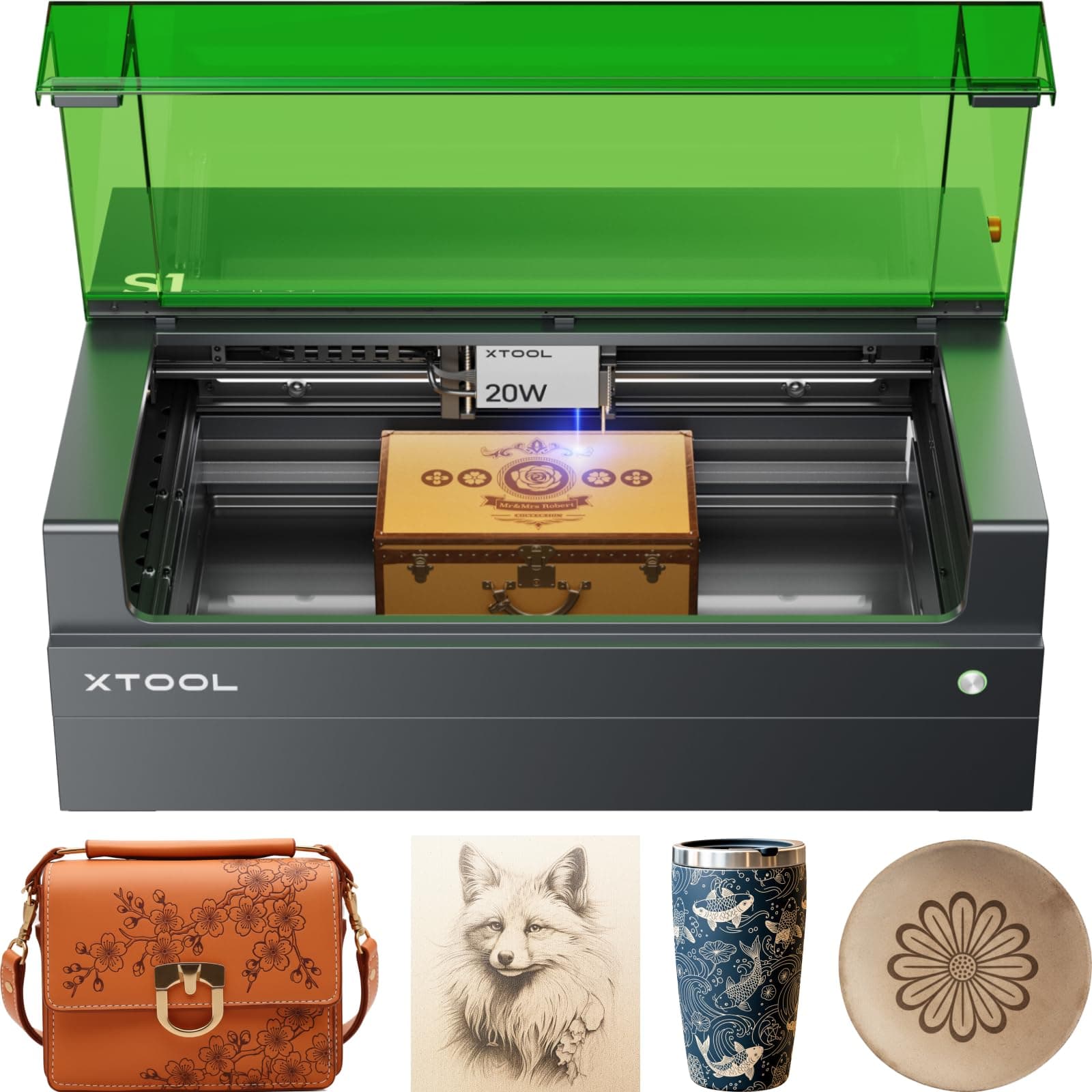 xTool S1 20W Laser Engraving Machine with Air Assist and Honeycomb Panel Enclosed Safety Design Accurate Positioning Auto Focus Engraving Speed of 600mm/second Working Area of 498*330mm for Laser