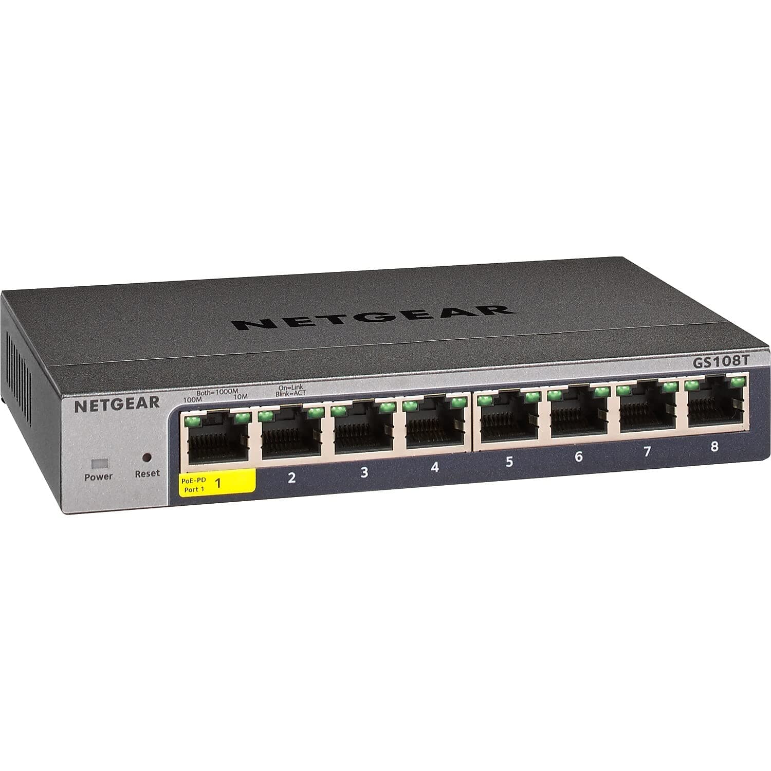 8-Port Gigabit Ethernet Smart Switch (GS108T) - Managed, with 1 x PD , Optional Insight Cloud Management, Desktop or Wall Mount, Silent Operation, and Limited Lifetime Protection