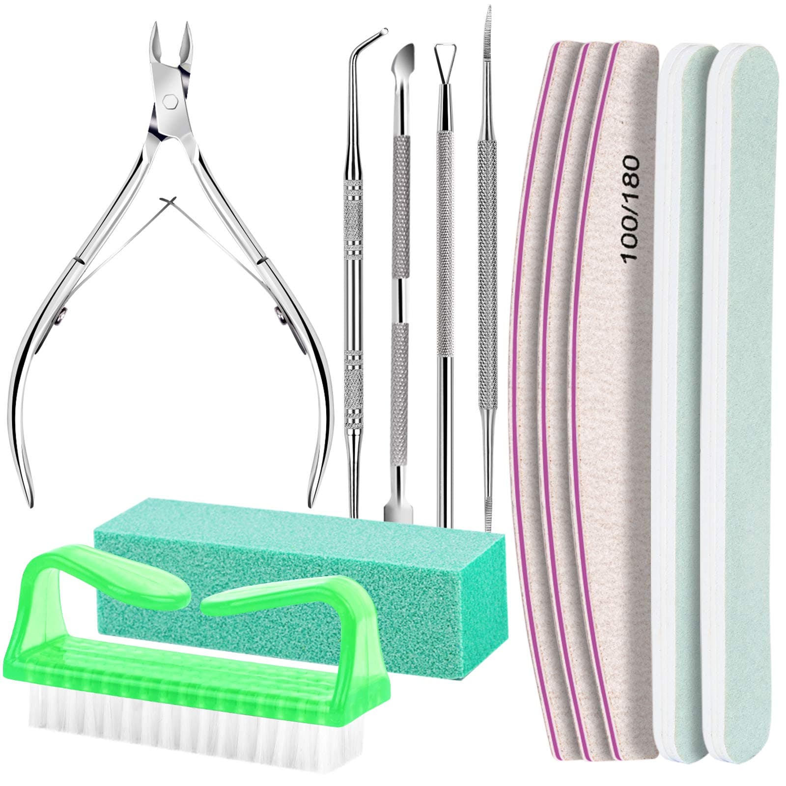 FANDAMEI Nail Tools, Nail Care Kit, Nail Files 100/180, Nail Buffer Block, Cuticle Nippers, Cuticle Pusher, Cuticle Peeler, Nail Lifter for Ingrown Toenails, Toenail File, Manicure Kit, Green
