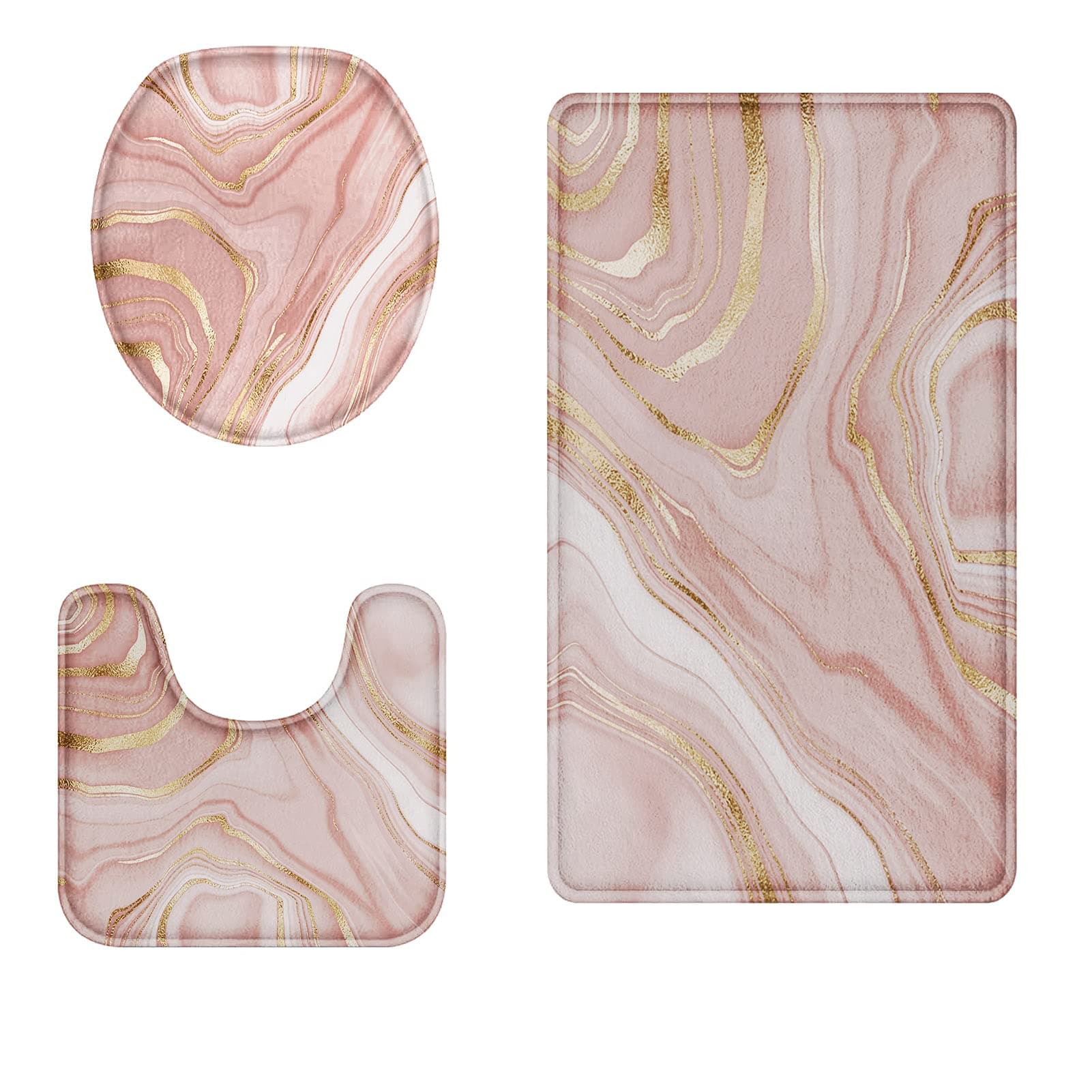 Britimes Pink Marble Bathroom Rug Set of 3, Gold Rose 3 Pieces Bath Mats Set, Vintage Style Peach Blush Non-Slip Washable Cover Floor Rug Decorations for Kitchen Bathroom Bedroom
