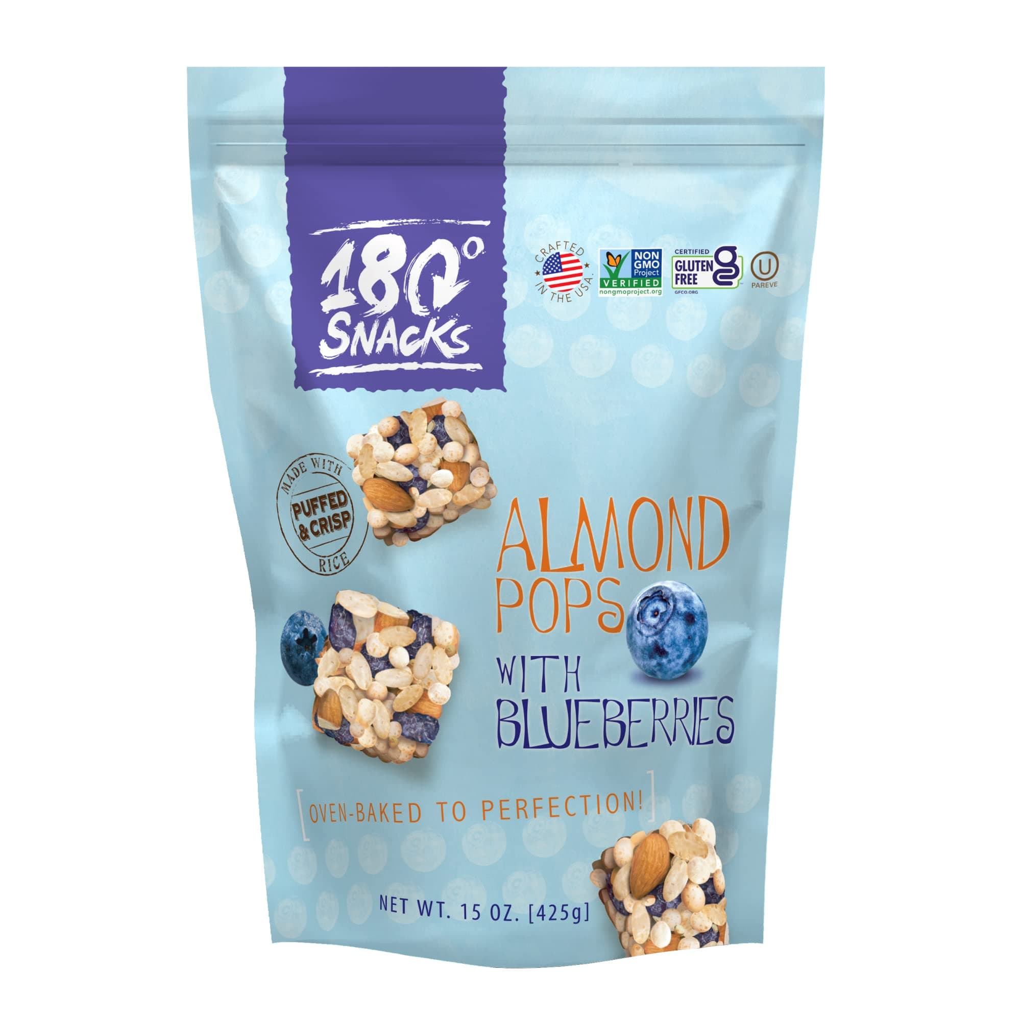 180° Snacks Almond Rice Pops with Blueberries - Tasty, Bite-Size Healthy with 9 Ingredients - Non GMO, Dairy-free, Gluten-Free - EBT Eligible for Kids and Adults - 15 oz