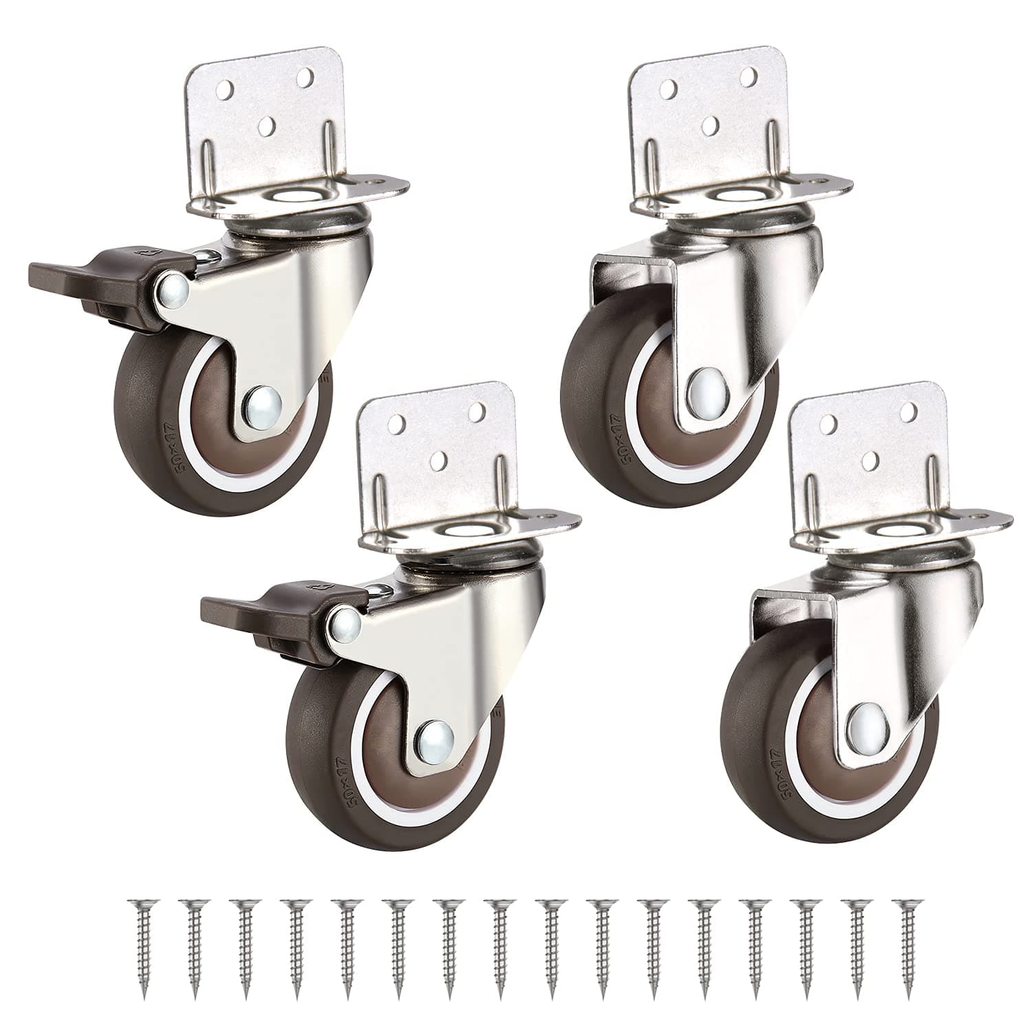 Castor Wheels Heavy Duty small Swivel Trolley Furniture Caster, Wheel diameter: 25mm, Loadable weight (single): 13KG, L-Clip Side Mount Plate, 2 with brakes + 2 without brakes, grey