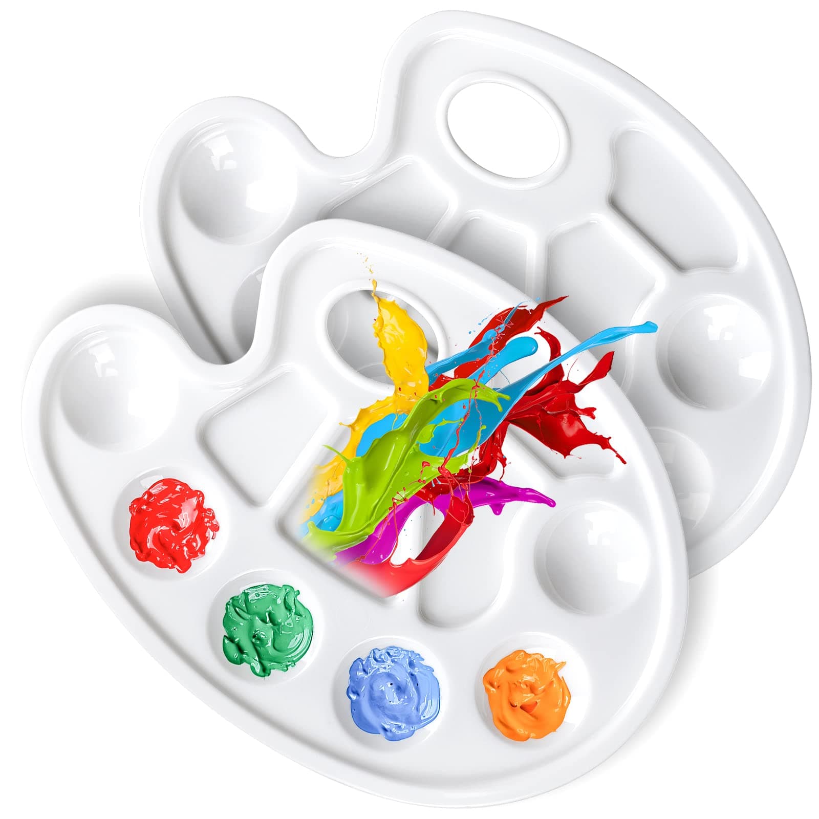 FANDAMEI Oval Paint Palette Tray, Plastic Paint Tray Palette, Painting Palette, Paint Tray Palettes Paint Pallets with Thumb Hole for Adults & Kids, for Painting or DIY Craft Class, White, 2 PCS