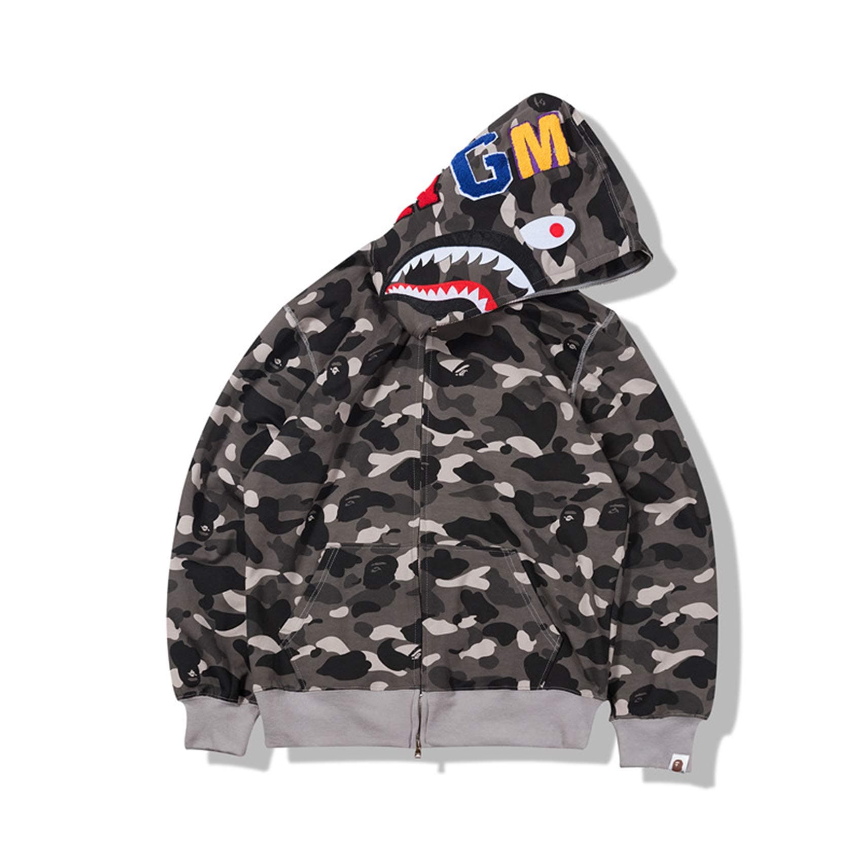 Unisex Shark Jaw Camo Full Zipper Hoodie Shark Jaw Hoodies Black Gray L