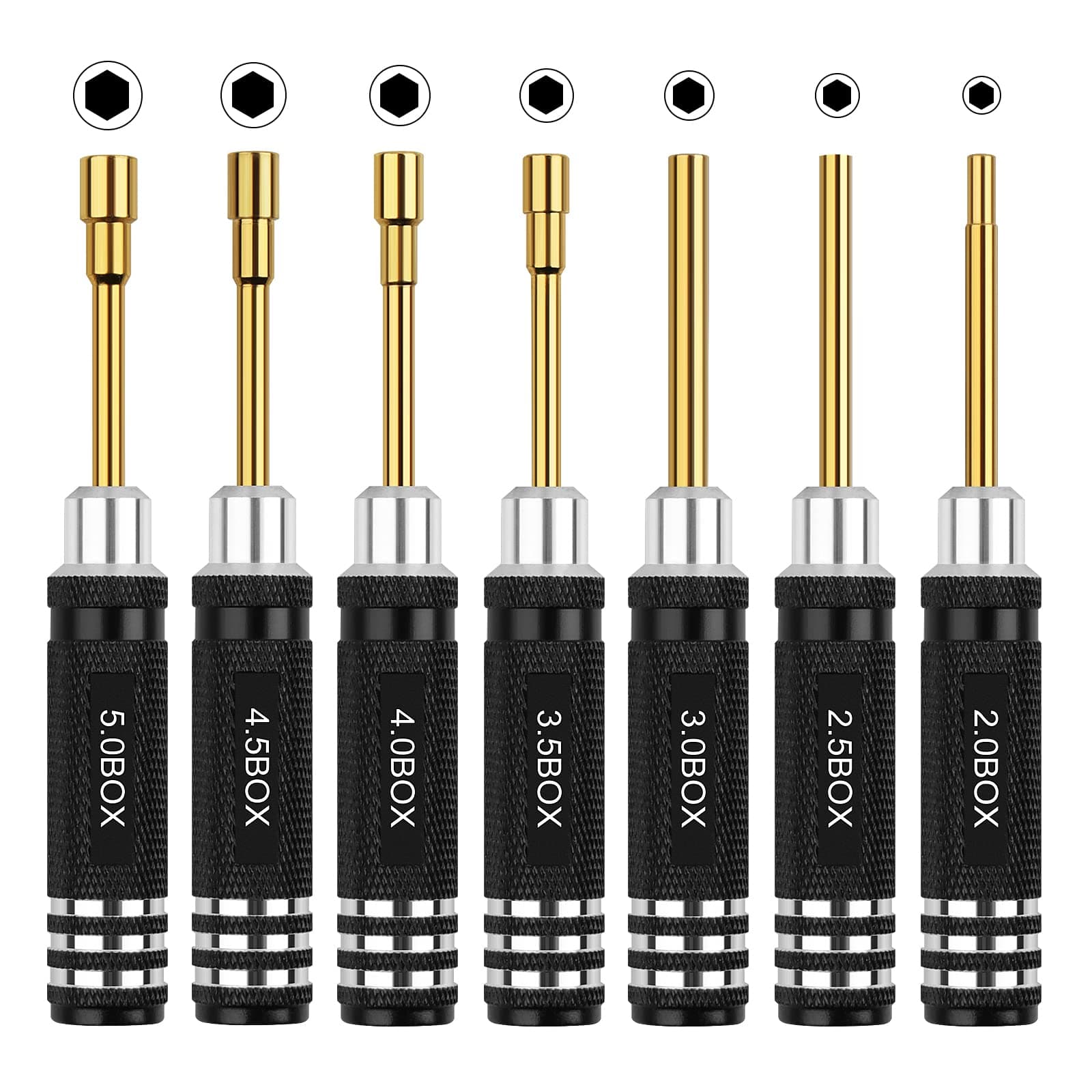 RC Tools Kit 7PCS Hex Nut Screwdriver Set with 5.0/4.5/4.0/3.5/3.0/2.5/2.0 Box Hobby Tools Hexagon Nut Wrench Repair Tools Compatible with SCX24 Traxxas Redcat RC Cars Tracks