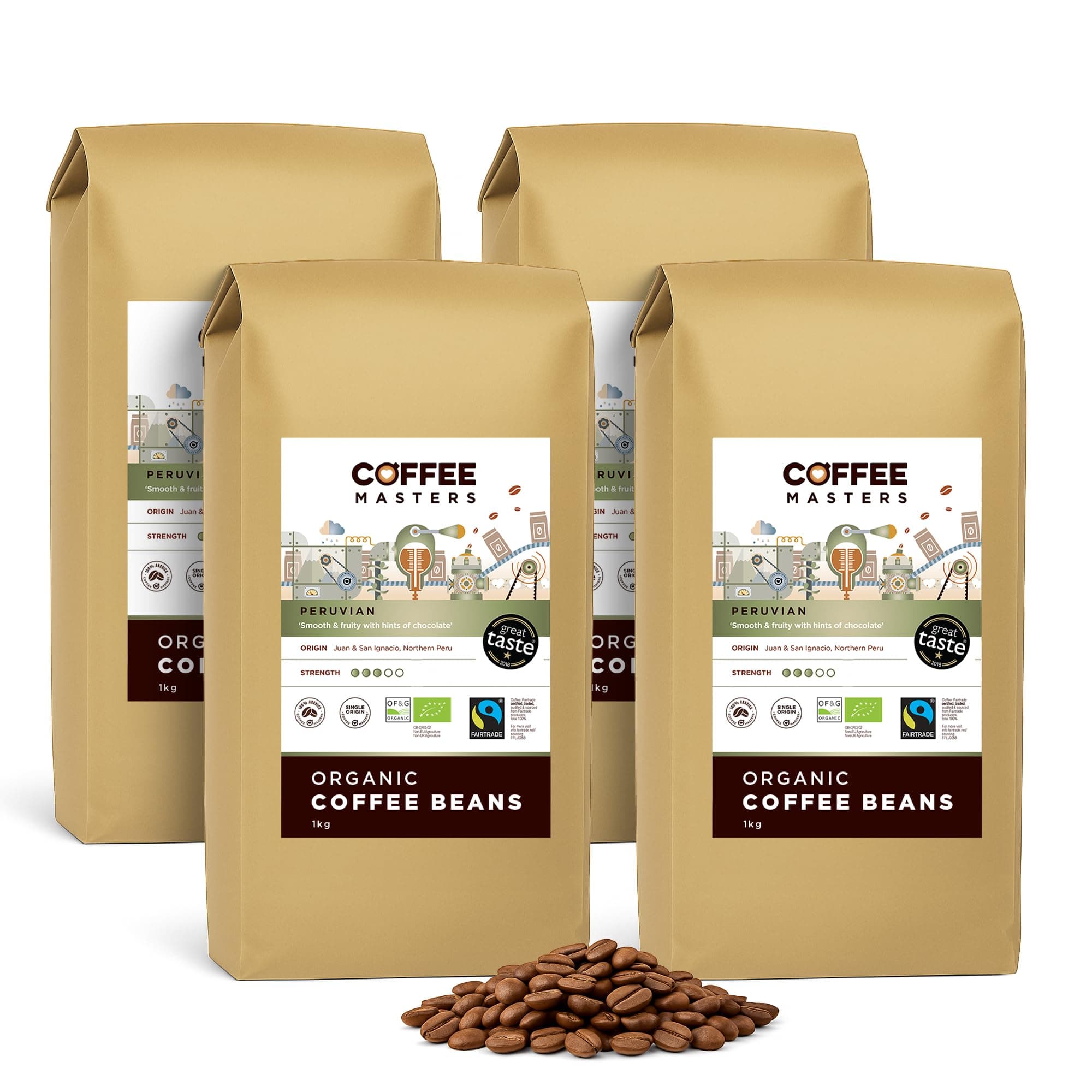 – Coffee Masters Peruvian Coffee Beans 4x1kg - Organic Fairtrade Single Origin Arabica, Roasted in the UK - Ideal for Espresso Machines - Great Taste Award Winner