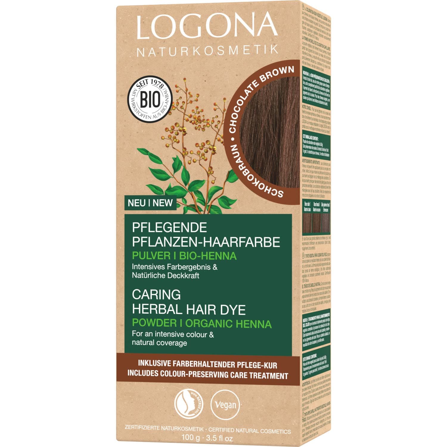 LOGONA Naturkosmetik Nourishing Brown Hair Colour Powder, Vegan, Organic, Semi-Permanent, Chocolate Brown, 100g