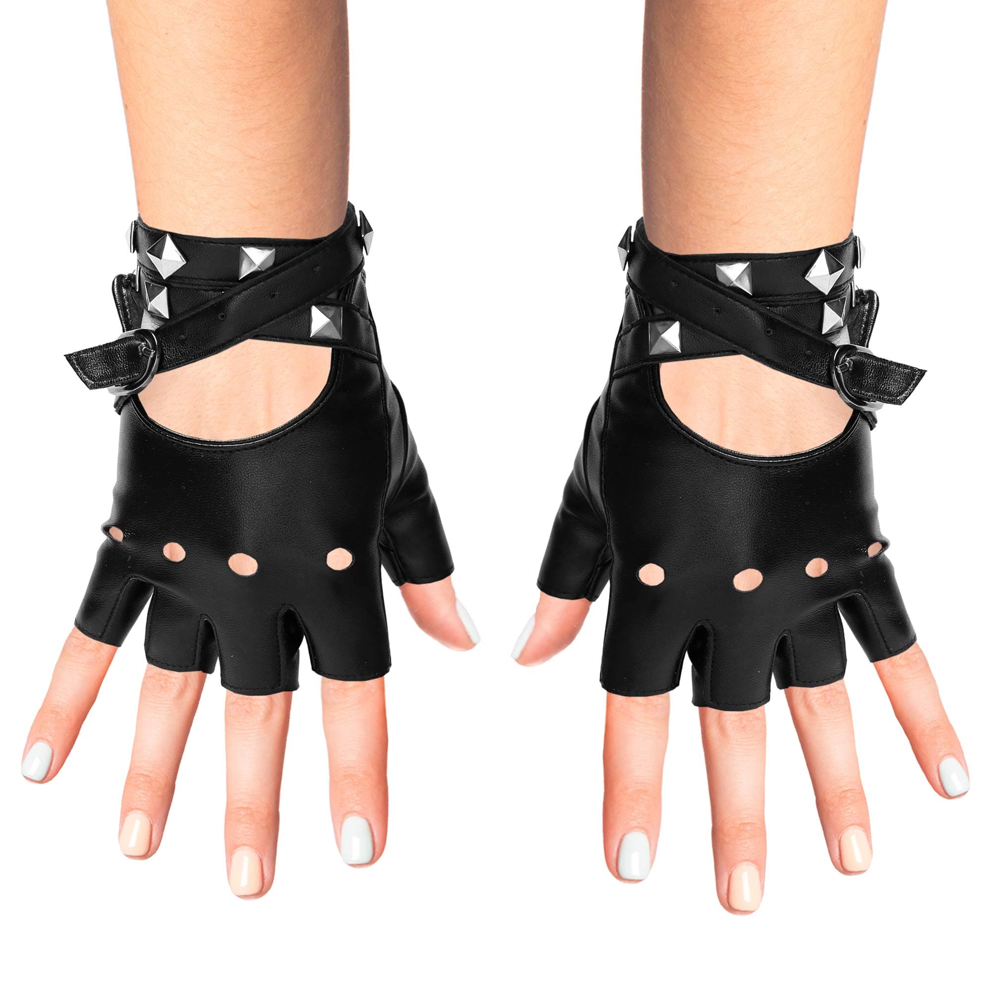 Fingerless Faux Leather Gloves - Black Biker Punk Gloves with Belt Up Closure and Rivet Design for Teens and Kids