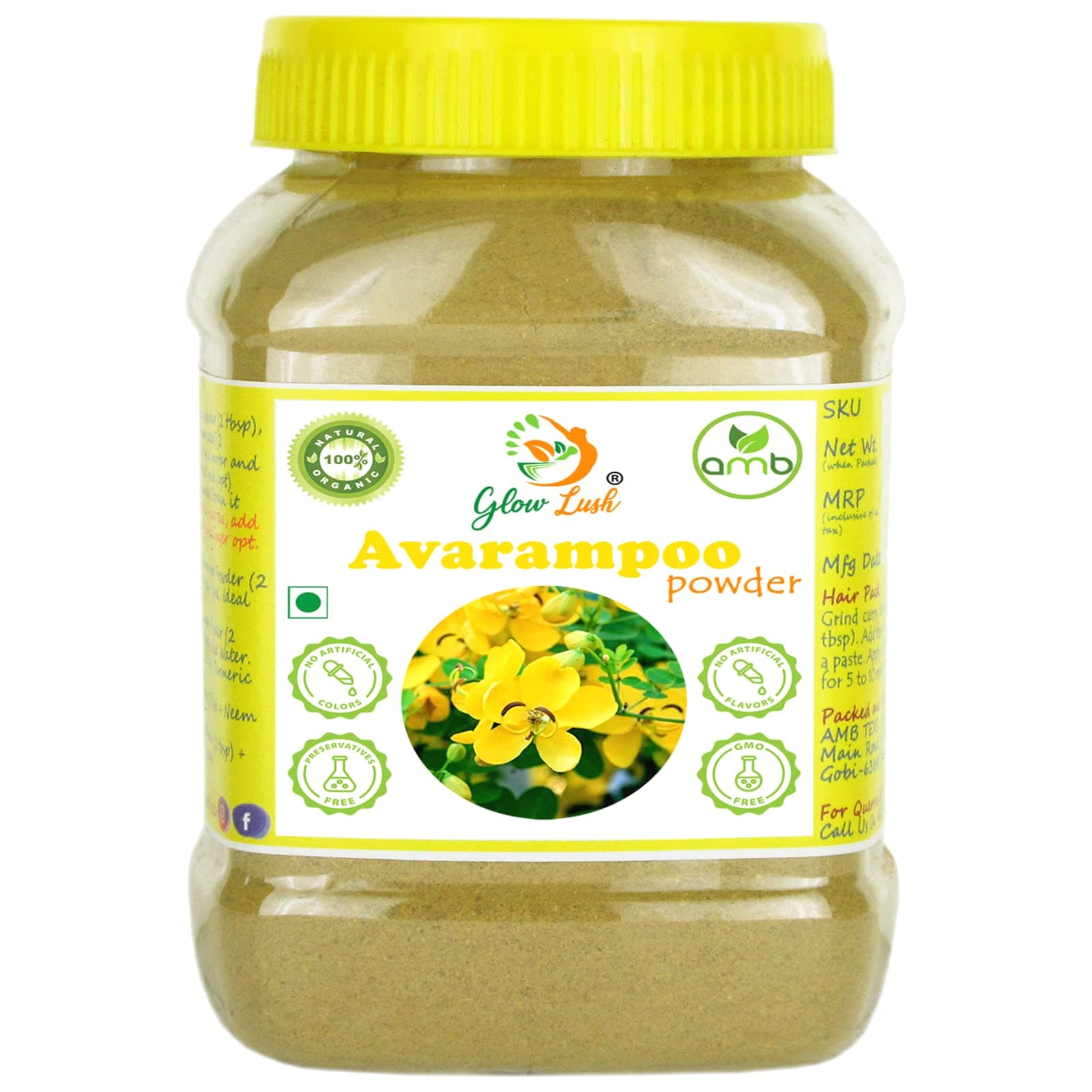 Glow Lush Aavaram Poo Powder (250gm) Organic | Tangedu Flower |Senna Auriculata| Tanner's cassia| Tarwar