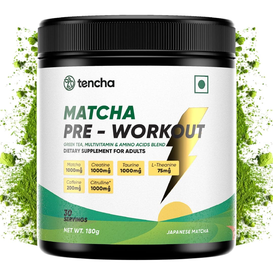 Tencha Pre Workout Supplements For Men & Women, 180 grams Powder, 30 Servings, With 200Mg Caffeine, 1000Mg Citrulline With Creatine, Taurine For Workouts & Training Reduces Recovery Time Post Workout