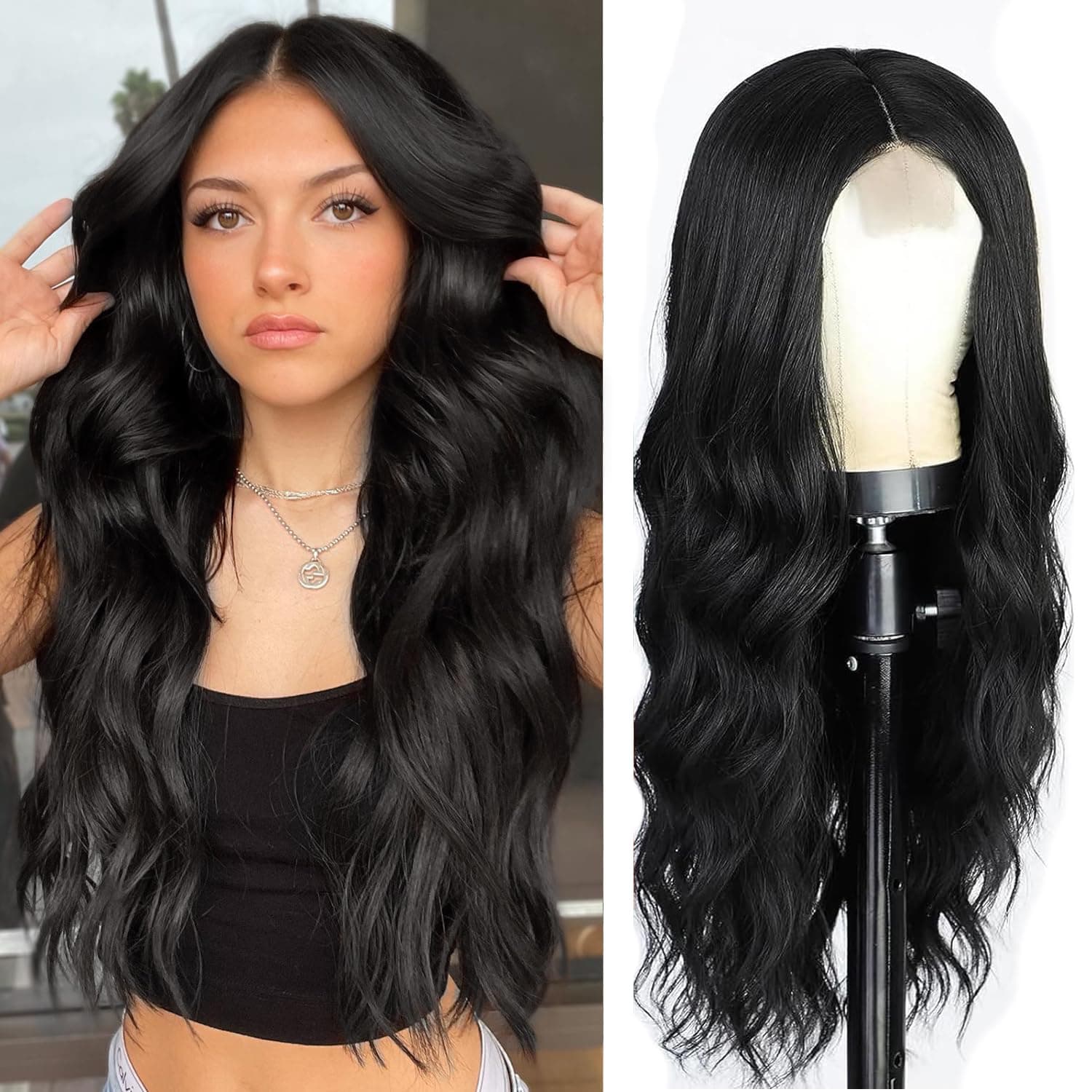 Lativ Black Wigs Long Wavy Wig For Women Middle Part Synthetic Hair Natural Looking Heat Resistant Fiber For Daily Party Use 24 Inch
