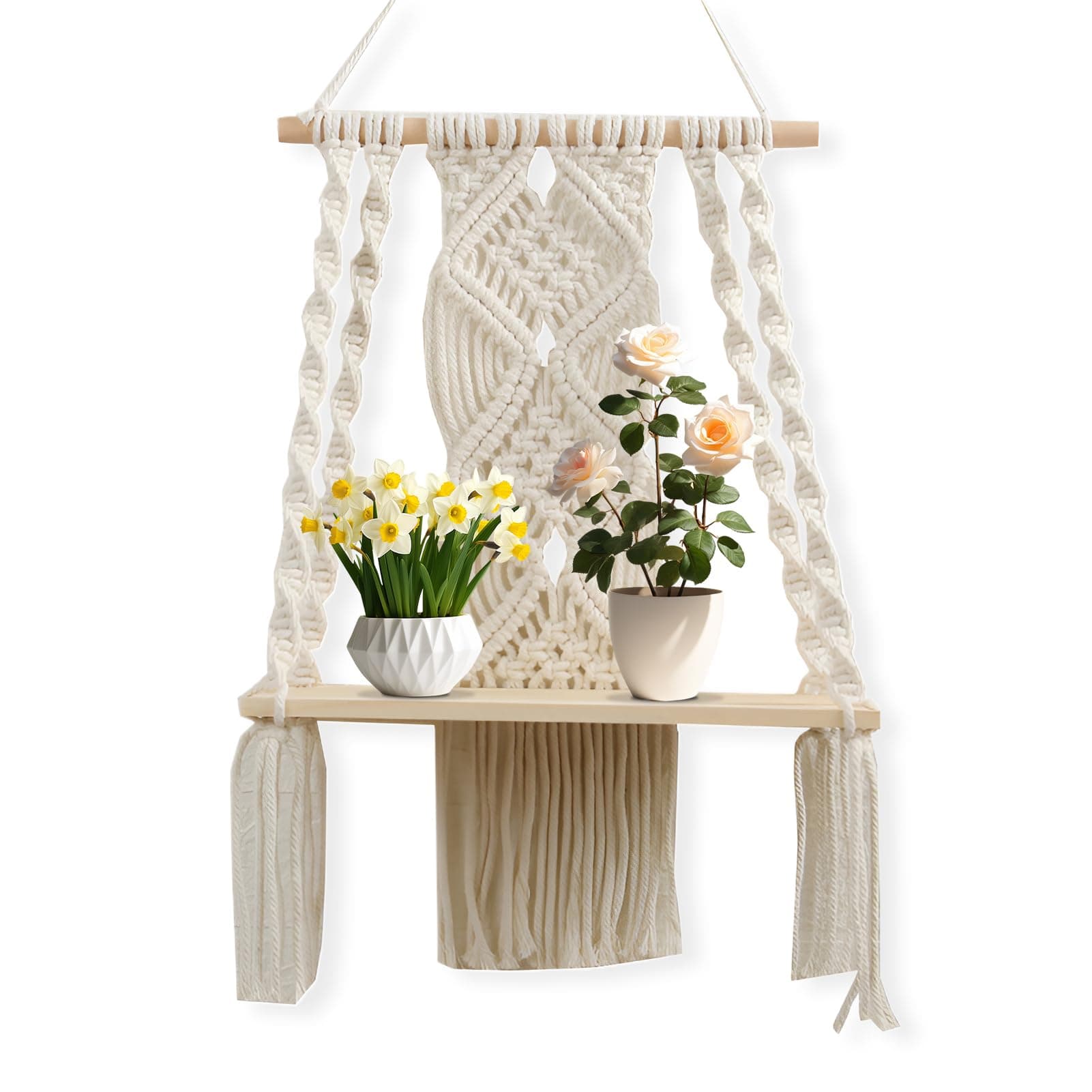 Boho Macrame Wall Shelf - Cotton Rope Floating Plant Holder for Home Decor, Bohemian Tapestry Room Decoration