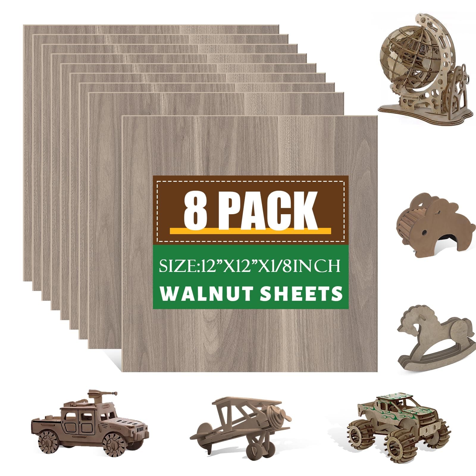 8 Pack Walnut Plywood Sheets 12x12x1/8 Inch,3mm Plywood for Laser Cutting & Engraving,Unfinished Wood for Crafts,Wood Burning,Architectural Models