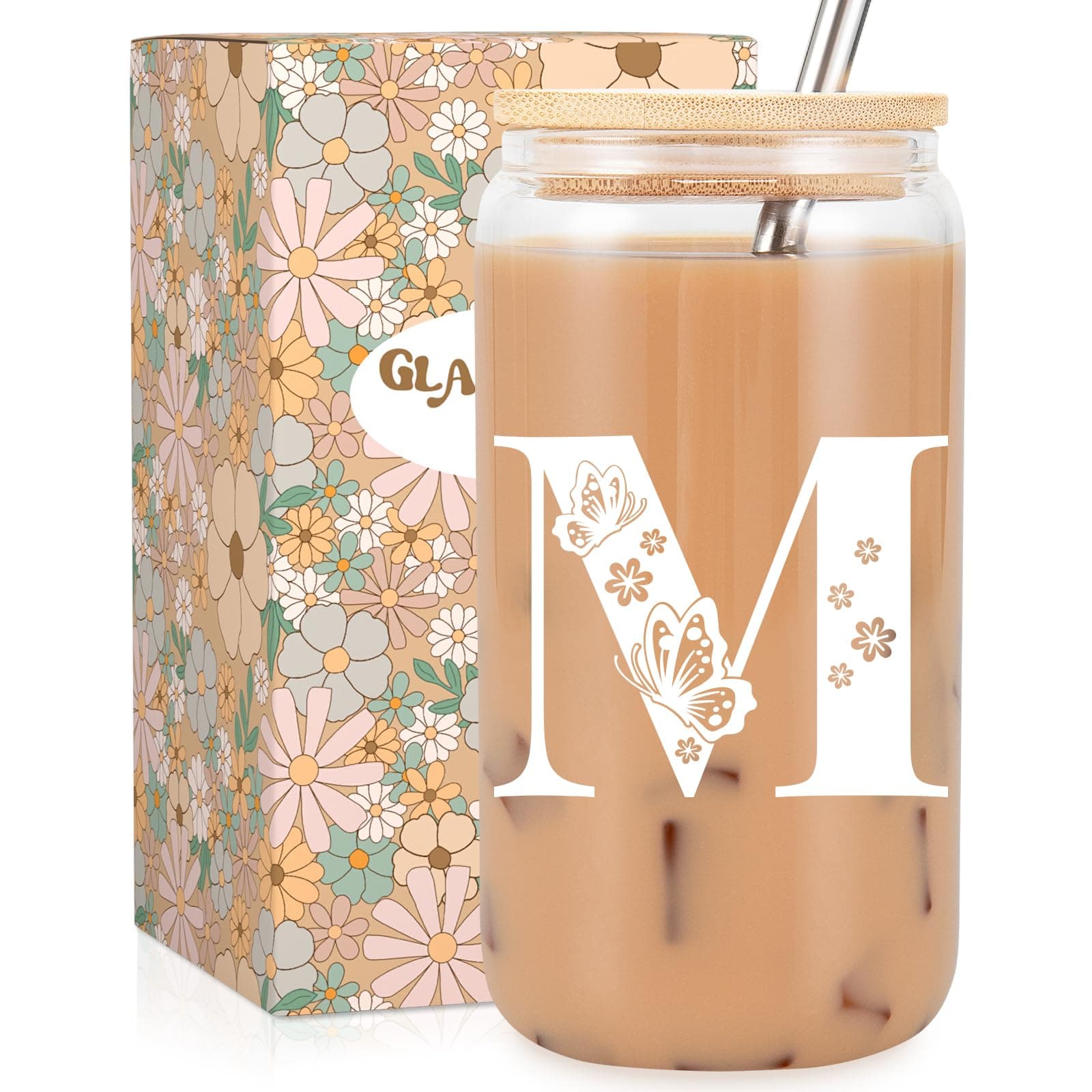 Fairy's GiftFairy's Gift Initial Glass Coffee Cup w/Lid Straw, Butterfly Iced Coffee Tumbler, 16 oz Cute Glass Cups, Personalized Aesthetic Gifts, Monogrammed, Mothers Day, Birthday Gifts for Women Mom Friend