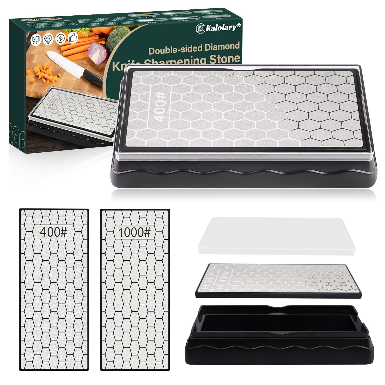 Kalolary Double-Sided Diamond Sharpening Stone, Knife Sharpener Stone Whetstone Honeycomb Surface Plate with Non-slip Base for Scissors Knives Outdoor Kitchen Sharpen Tools (400/1000 Grit, 150 x 63mm)