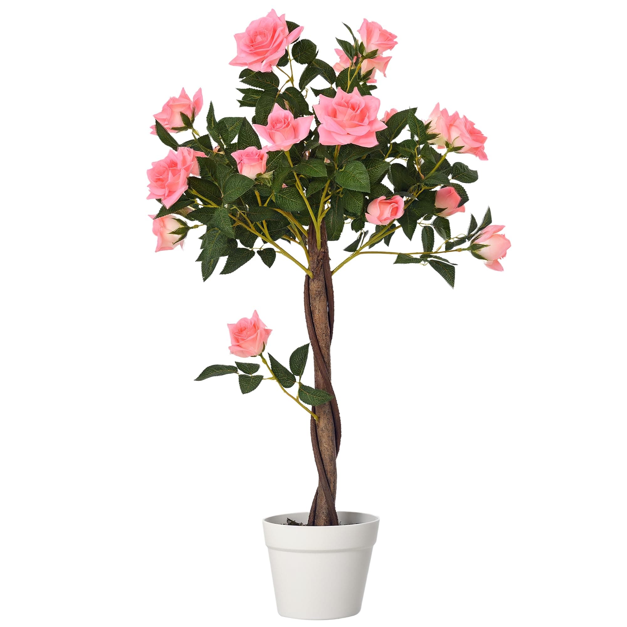 Outsunny 90cm Artificial Rose Tree with Twisted Trunk, Decorative Fake Plant with 350 Silk Leaves and 21 Flowers, UV-Resistant Faux Tree for Outdoor Indoor Garden Porch Decor, Pink