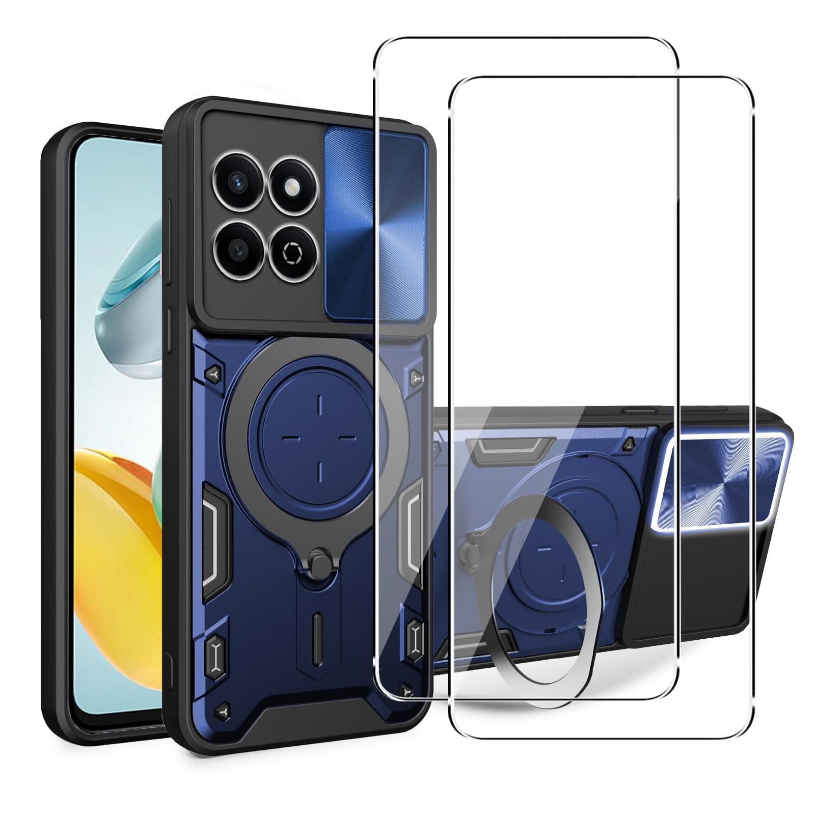 KUSINHOKA Case for Honor 200 Smart/HONOR X7C 4G + 2 Pack Screen With Slide Camera Protection Cover,Magnetic Metal Ring Kickstand Shockproof Military Grade Heavy Duty Tough Cover,Blue