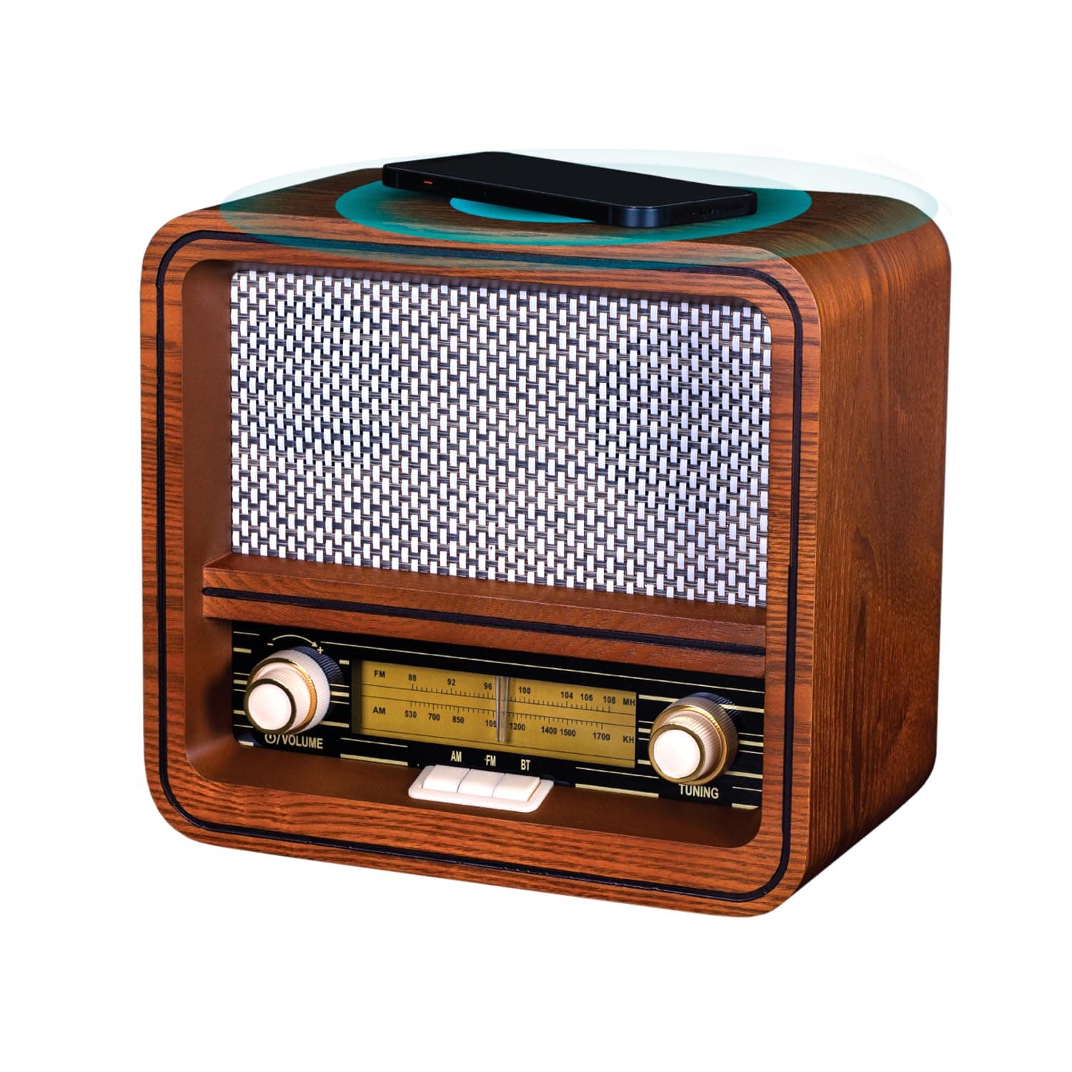 Fuse RAD Vintage Wood Retro Radio | AM/FM Radio with Bluetooth, Wireless Charger & AUX Input | Mid Century Modern Style | Handcrafted Ashtree Wood