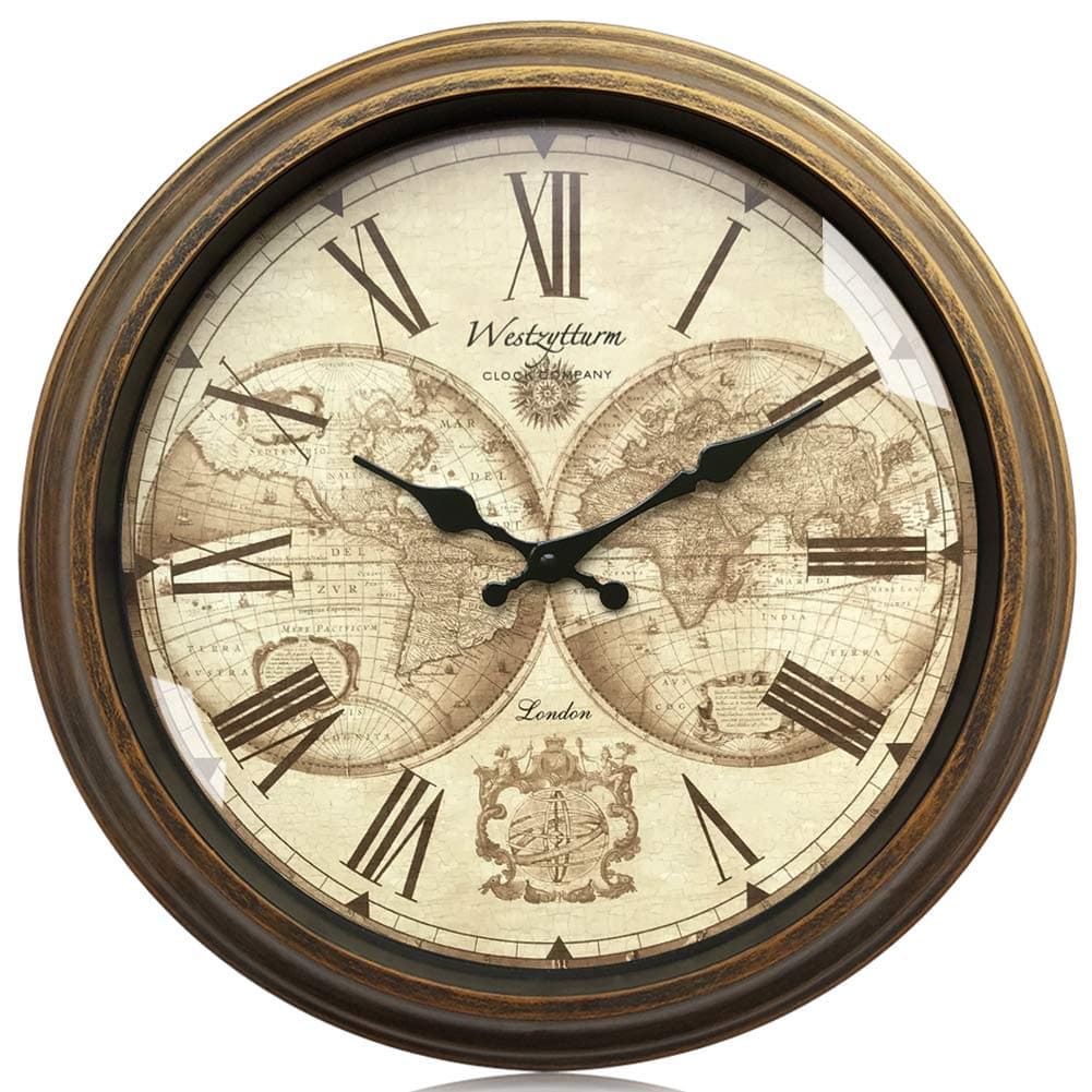 Hanging Wall Clock 16 inch Gold Plate Wood Grain Rustic World Face Metal Hands Big Vintage Clock Non Ticking Silent Battery Operated Art Deco Clocks for Living room Kitchen Bedroom Walls