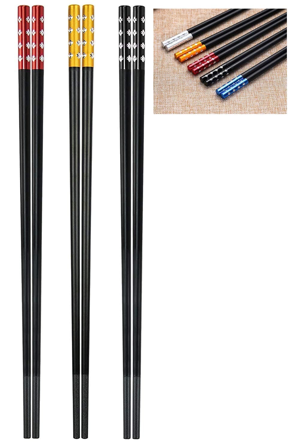 Iktu 5 Pairs Reusable Chopsticks Set - Fiberglass Japanese Chopsticks, Lightweight Easy to Use Chop Sticks with Case for Sushi, Noodles and Other Asian Food (Black Diamond)