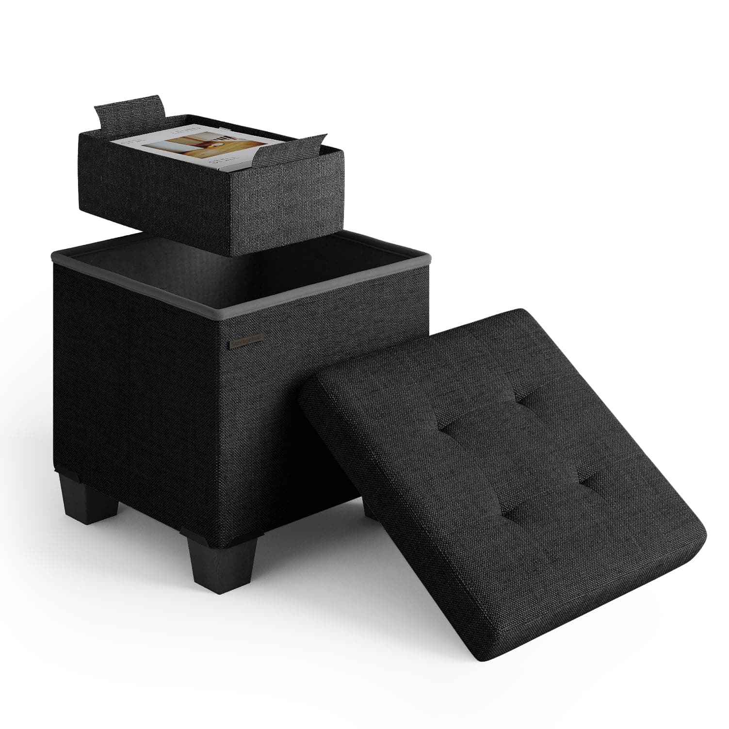 Storage Ottoman Cube with Small Bin, 15-in Square Ottoman with Storage for Living Room and Bedroom, Small Ottomans Foot Rest, Fabric Foot Stools Ottomans Max 330lbs, Black