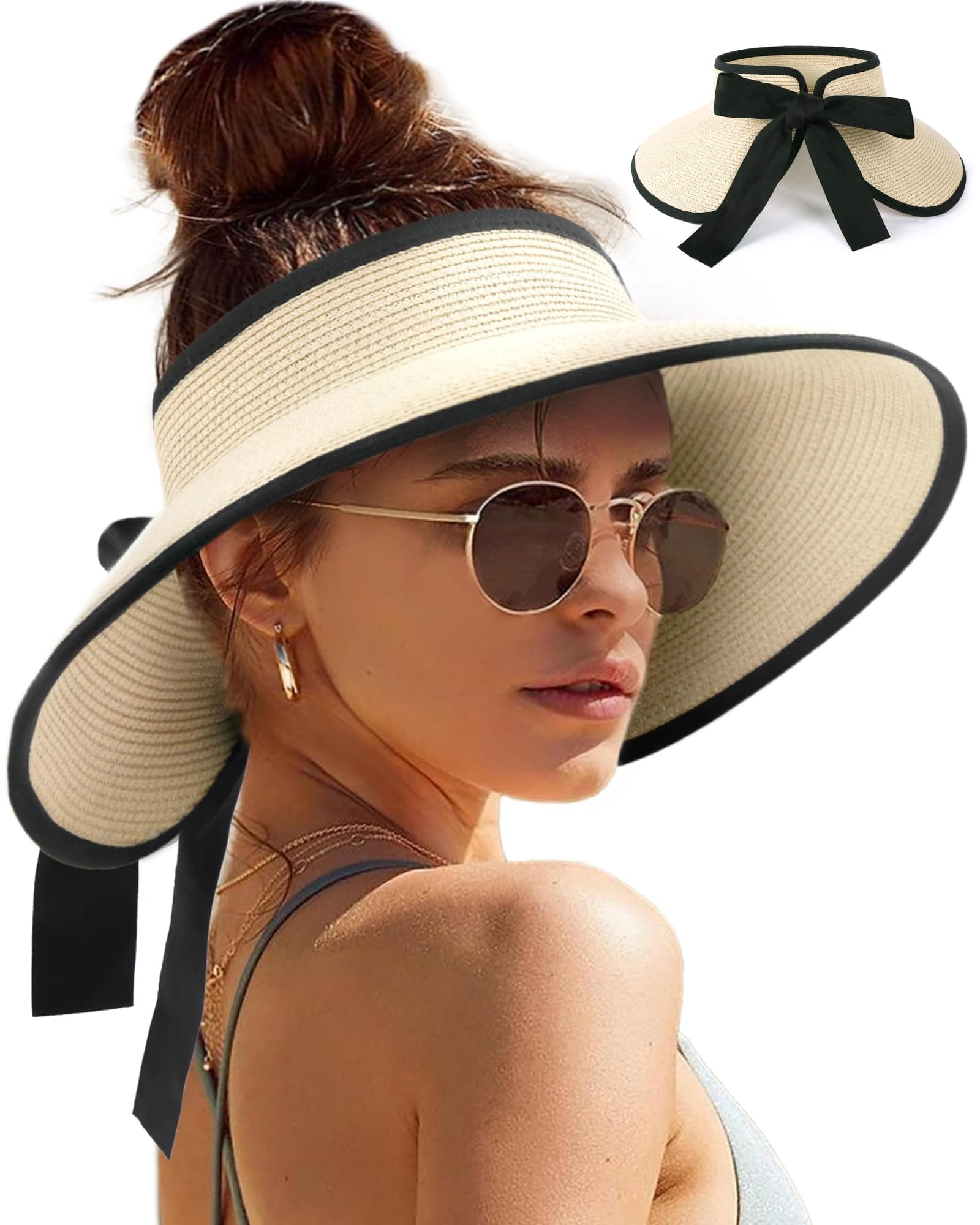 Sun Visors for Women Wide Brim Beach Hat Foldable Straw Visor Hat Ponytail Summer Packable UPF 50+