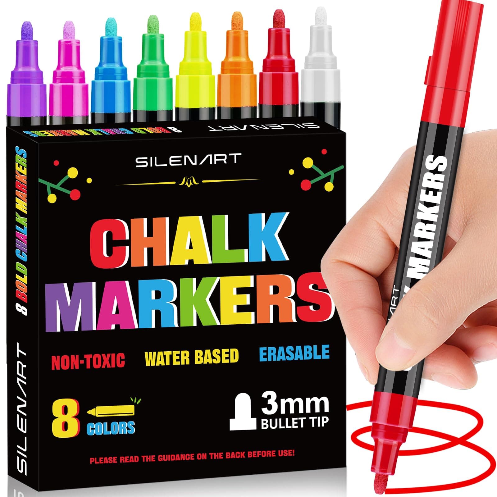 SILENART Liquid Chalk Markers - 8 Vibrant Colors - Chalkboard Markers for Blackboard Glass Window Car Dry Erase Board Acrylic Calendar Board Whiteboard- Wet Erase