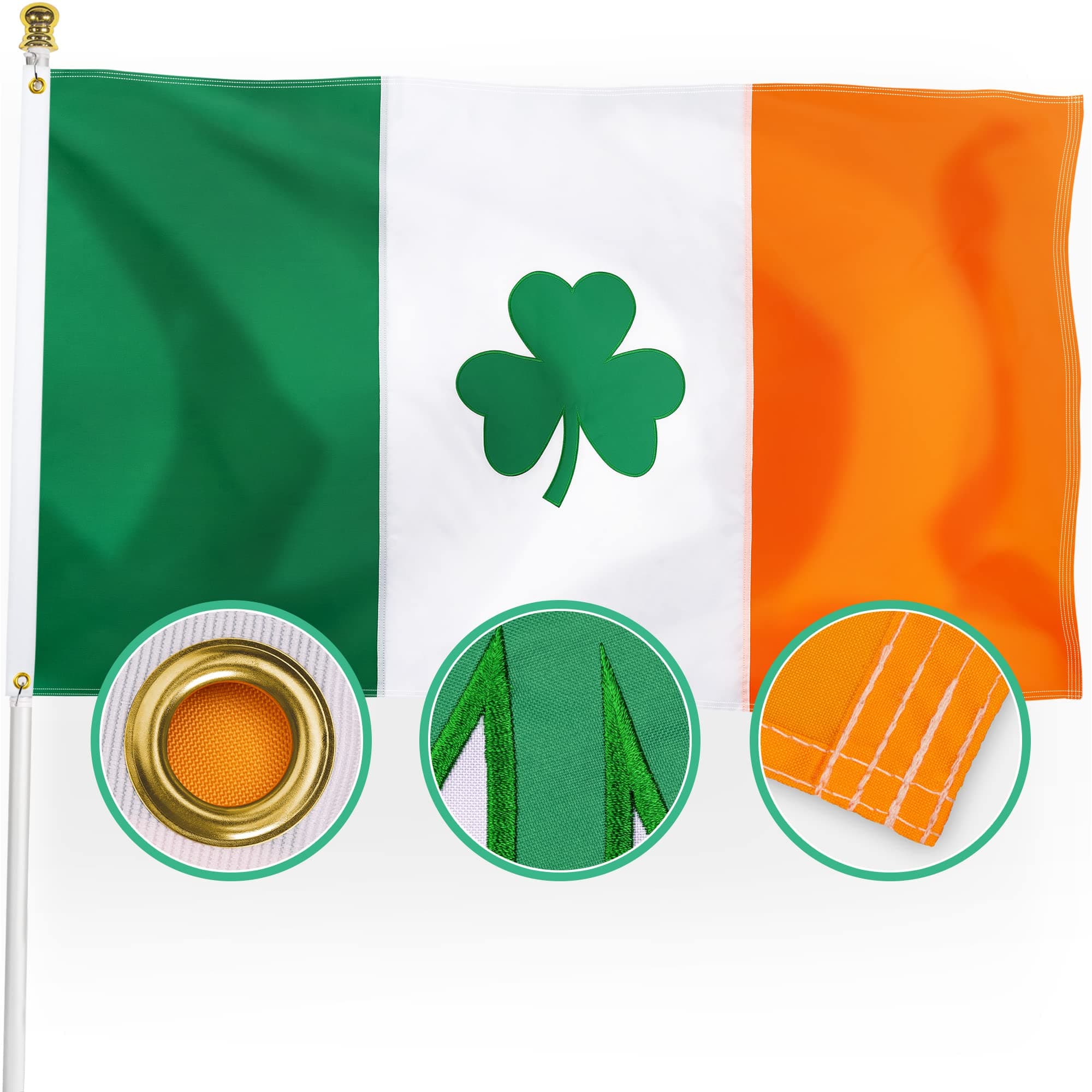 XIFAN Premium Ireland Irish Shamrock Flag 3x5 Outdoor, Double Sided Embroidered Shamrock, Heavy Duty 210D Saint Patrick's Day Clover Flags, Longest Lasting with Brass Grommets/4 Stitch Hemming