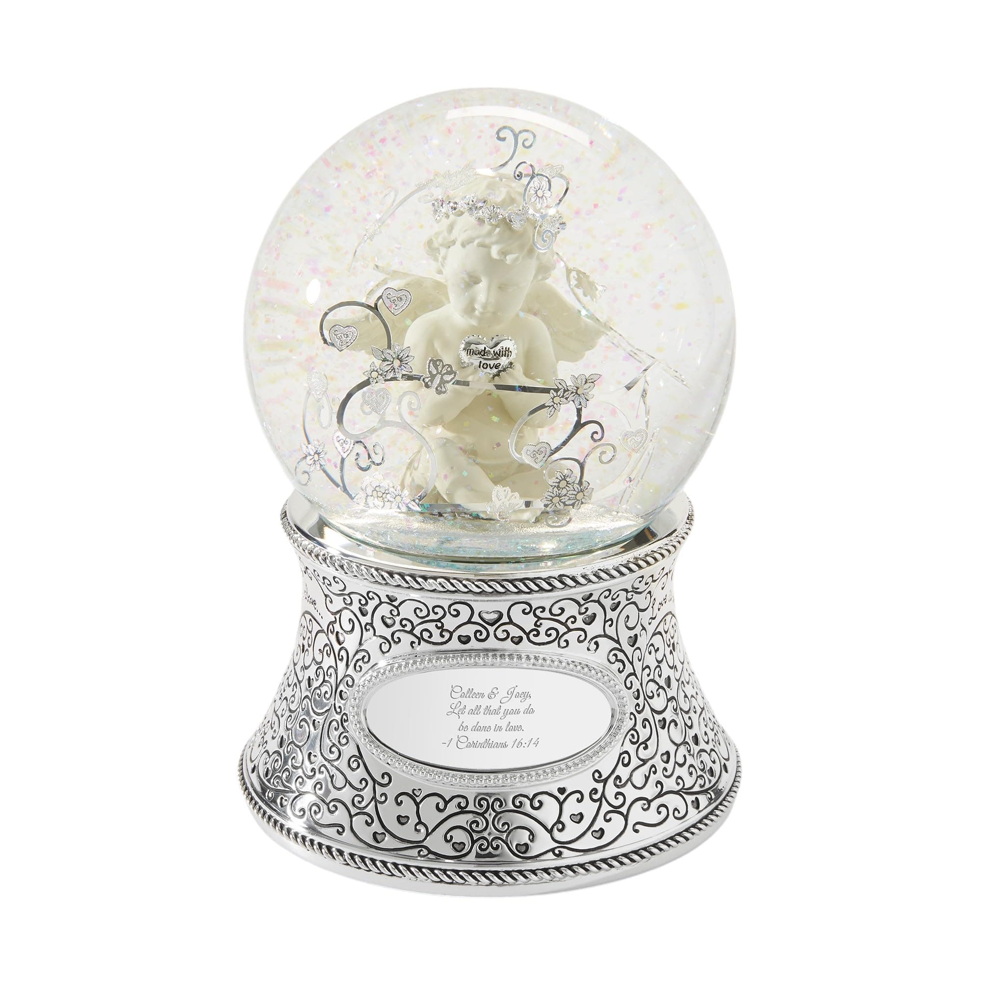 Personalized Engraved Religious Made with Love Cherub Musical Snow Globe, Plays Pachelbel's Canon Music, Beautiful and Unique Gift (Free Customization)