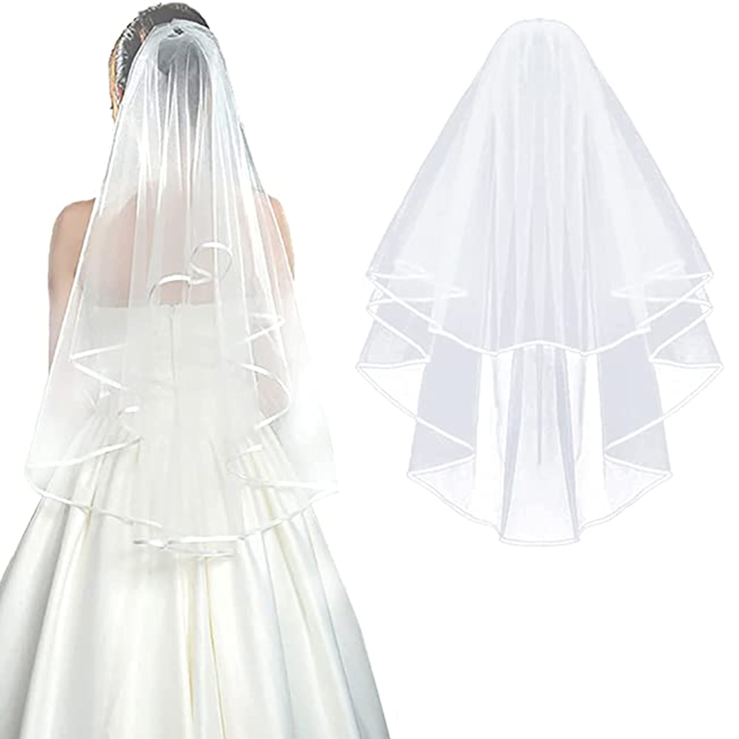 ComicfsWhite Double Ribbon Edge Center Cascade Bridal Wedding Veil with Comb