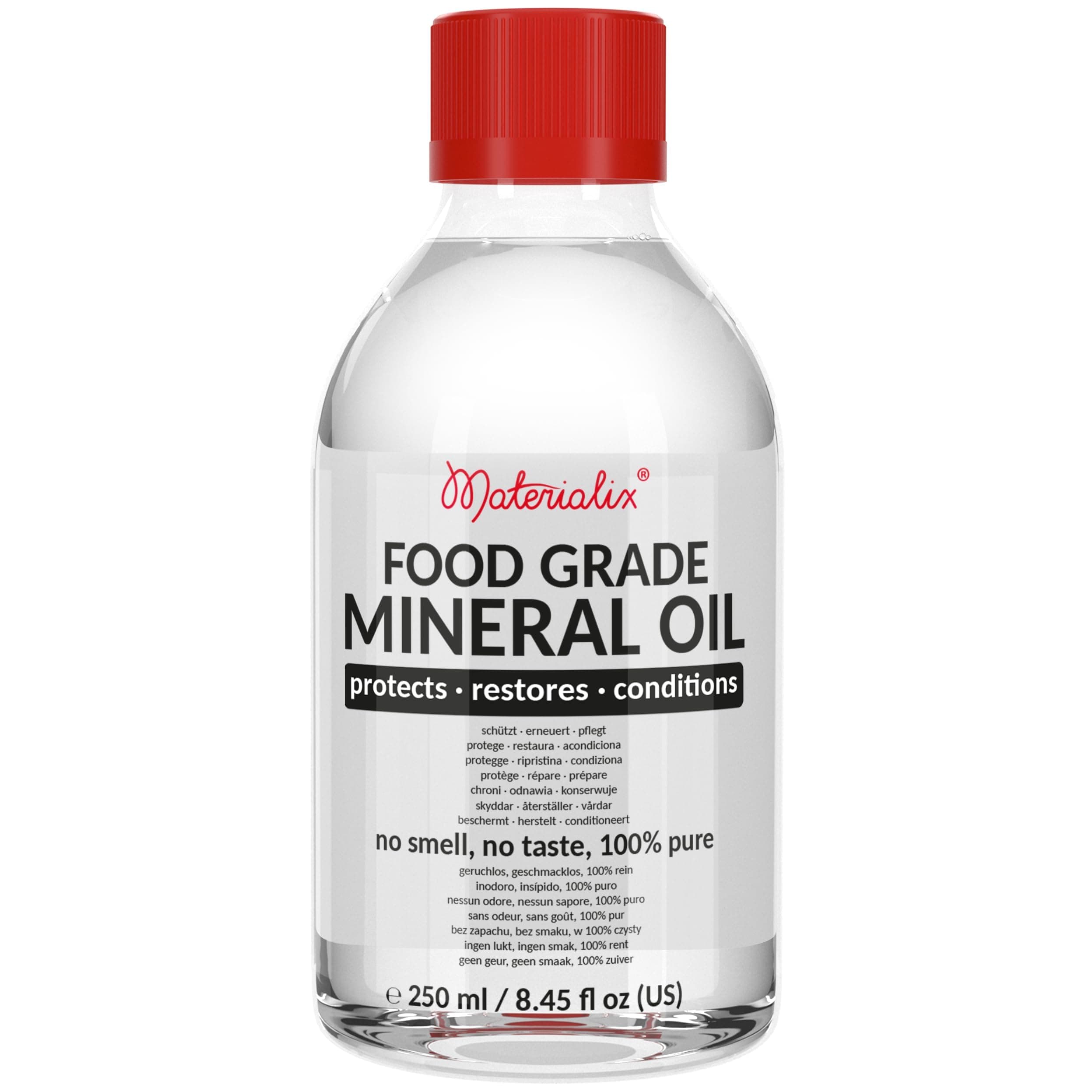 Materialix Food Grade Mineral Oil – 8.45 fl oz | Cutting Board, Butcher Block Oil & Wood Conditioner for Bamboo, Knives, Stainless Steel & More