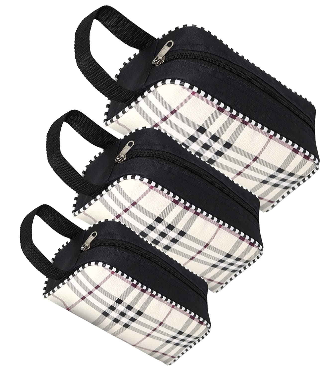 Polyester Set of 3 Difference Size Multipurpose Travel Pouch Toiletry Shaving Cosmetic Makeup Kit Zipper Stationary Case Pen/Pencil/Cosmetics Pouch (Black Checks)