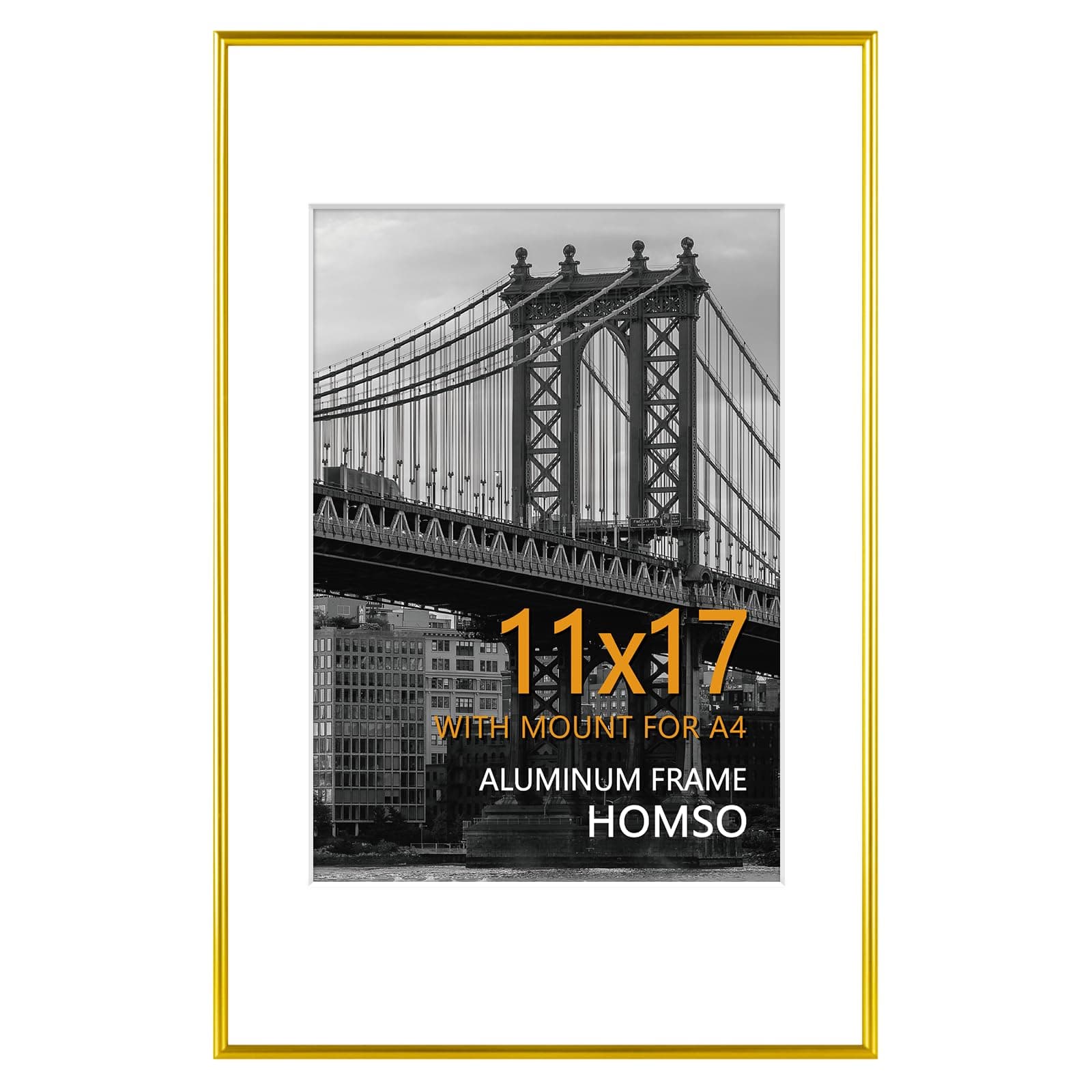 Homso 11 x 17 Frame, Metal Thin Board 11x17 Picture Frame Gold with Acrylic Plexiglass for Pictures A4 with Mat or 11x17 without Mat for Horizontal and Vertical