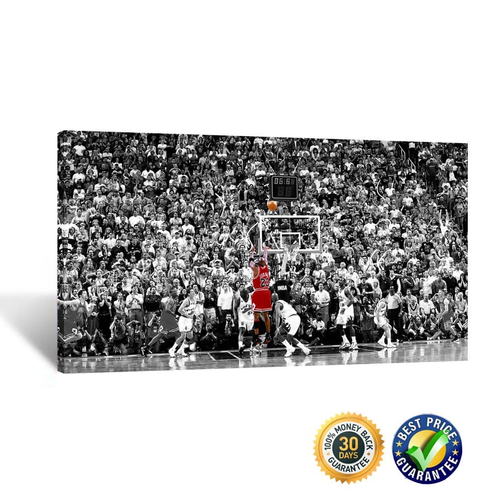 Creative Art- Framed Michael Jordan Last Shot Poster Print on Cnavas Wall Mounted Stretched Canvas Print Basketball Pictures Artwork for Bedroom Ready to Hang 20''x36''