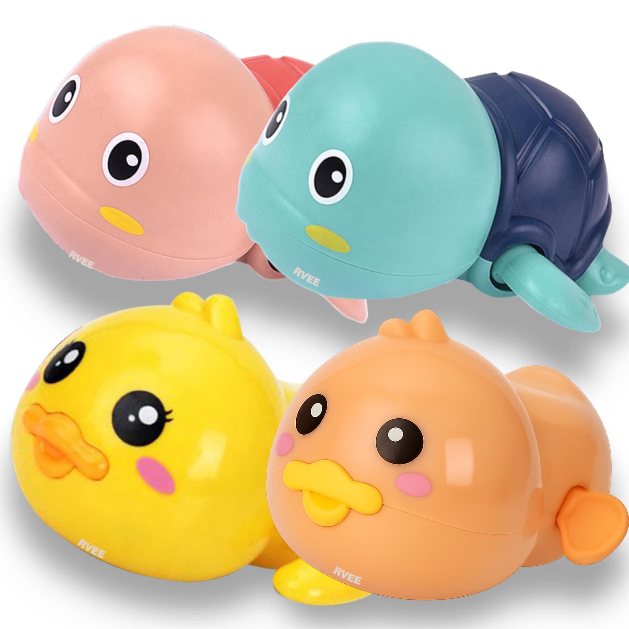 RVEE Wind Up Bath Toys for Kids (Pack of 4) | Swimming Turtle, Whale & Duck Bathtub Toys | Baby Bath Toys for Toddlers 1–5 Years | No Battery Water Toy | Return Gift for Boys & Girls