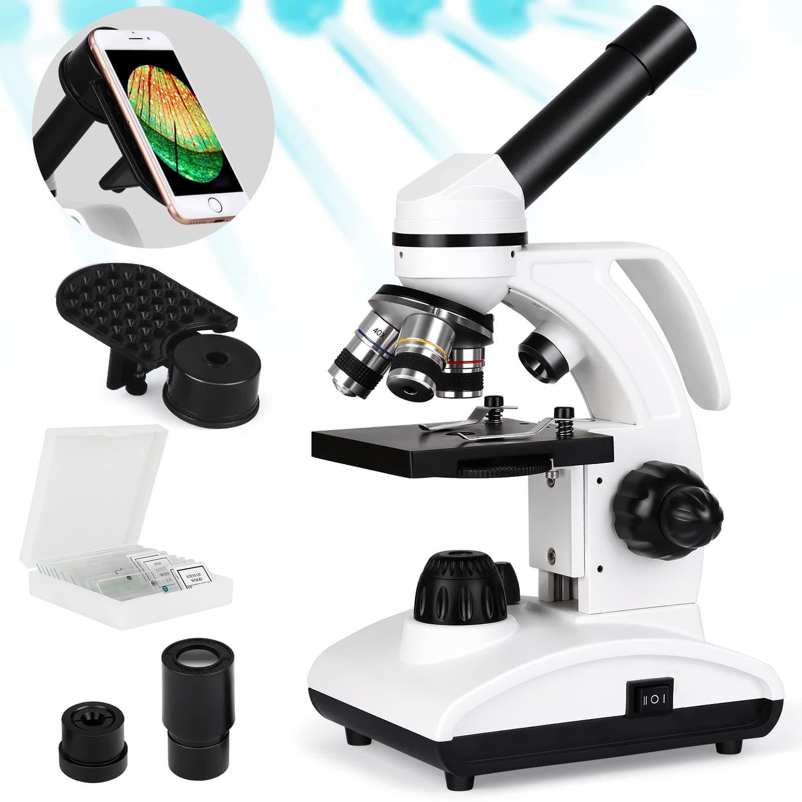 Microscopes for Kids Students Adults, 40X-1000X Optical Glass Lenses Microscope for School Home, Cordless LED Student Biological Compound Microscope with Microscope Slides, Phone Adaptor