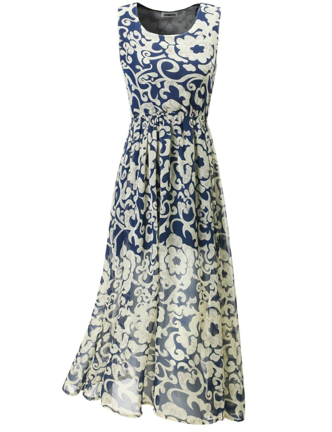 SUNNYCI Womens Bohemian oversize flower print Long chiffon maxi dress CWDMD031-NAVY Size L