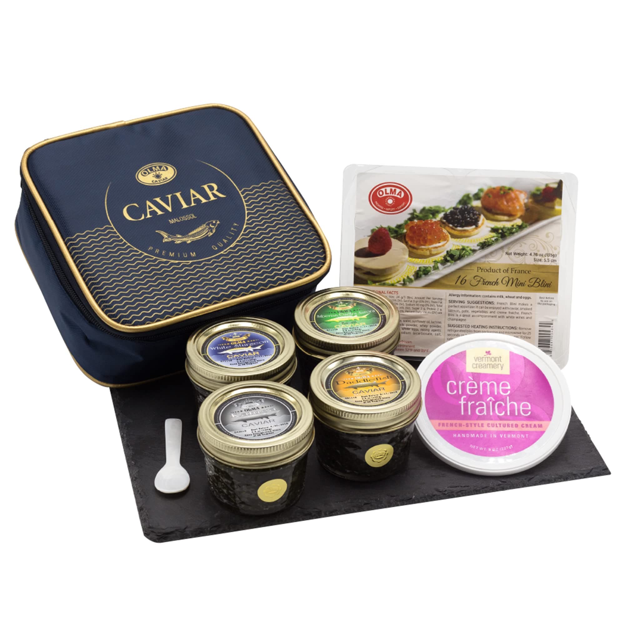 Monarch Caviar Gift Set - Includes Kaluga Royal, White Sturgeon, Siberian Osetra Aurora, Paddlefish, Mother of Pearl Serving Spoon & Blinis - Superior Grade Fresh Roe Fish Eggs