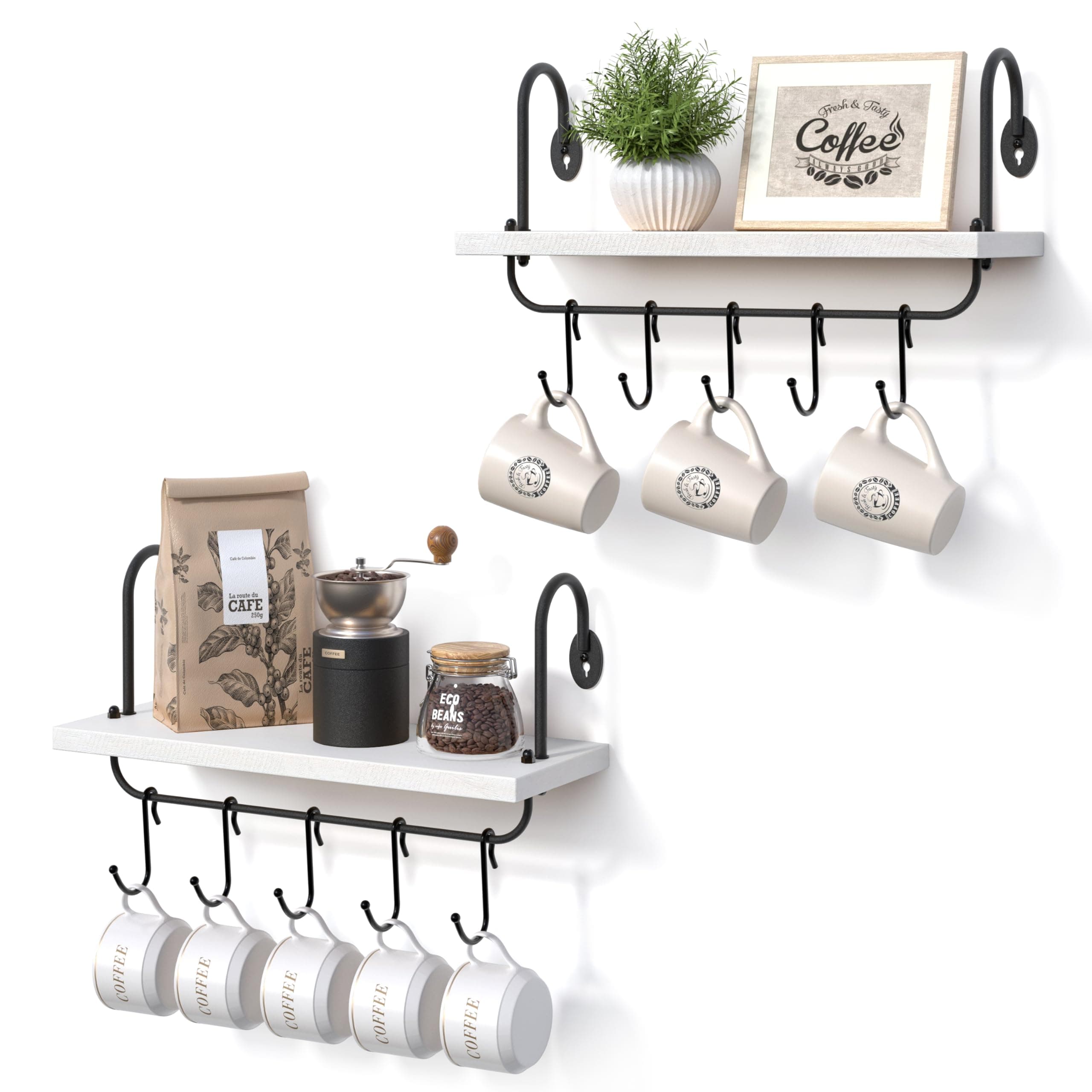 Olakee Floating Wall Shelves for Kitchen Bathroom Coffee Nook with 10 Adjustable Hooks for Mugs Cooking Utensils or Towel Rustic Storage Shelves Set of 2/17x5.9 inch (White)