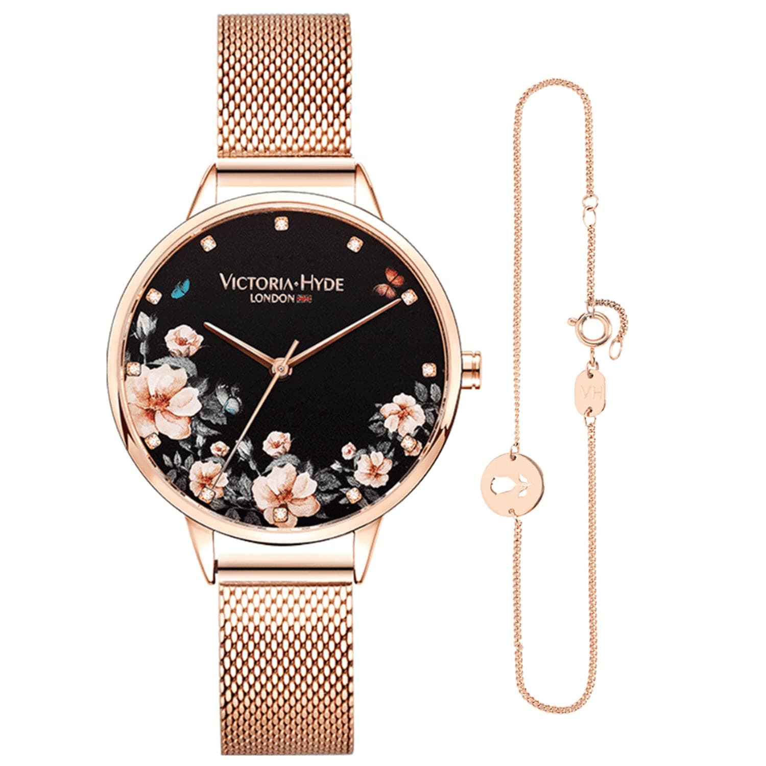 VICTORIA HYDE Fashion Elegant Floral Dial Watch for Women Quartz Genuine Leather Strap Wristwatch Mother's Day Gifts