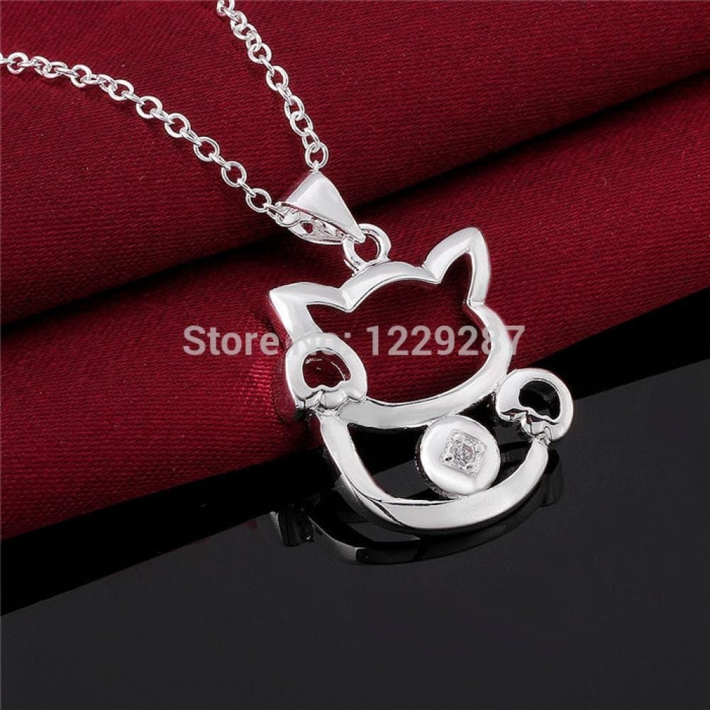 Kiss Love N591 925 Silver Necklace For Women Kitty Cat Pendant Necklace 18Inch