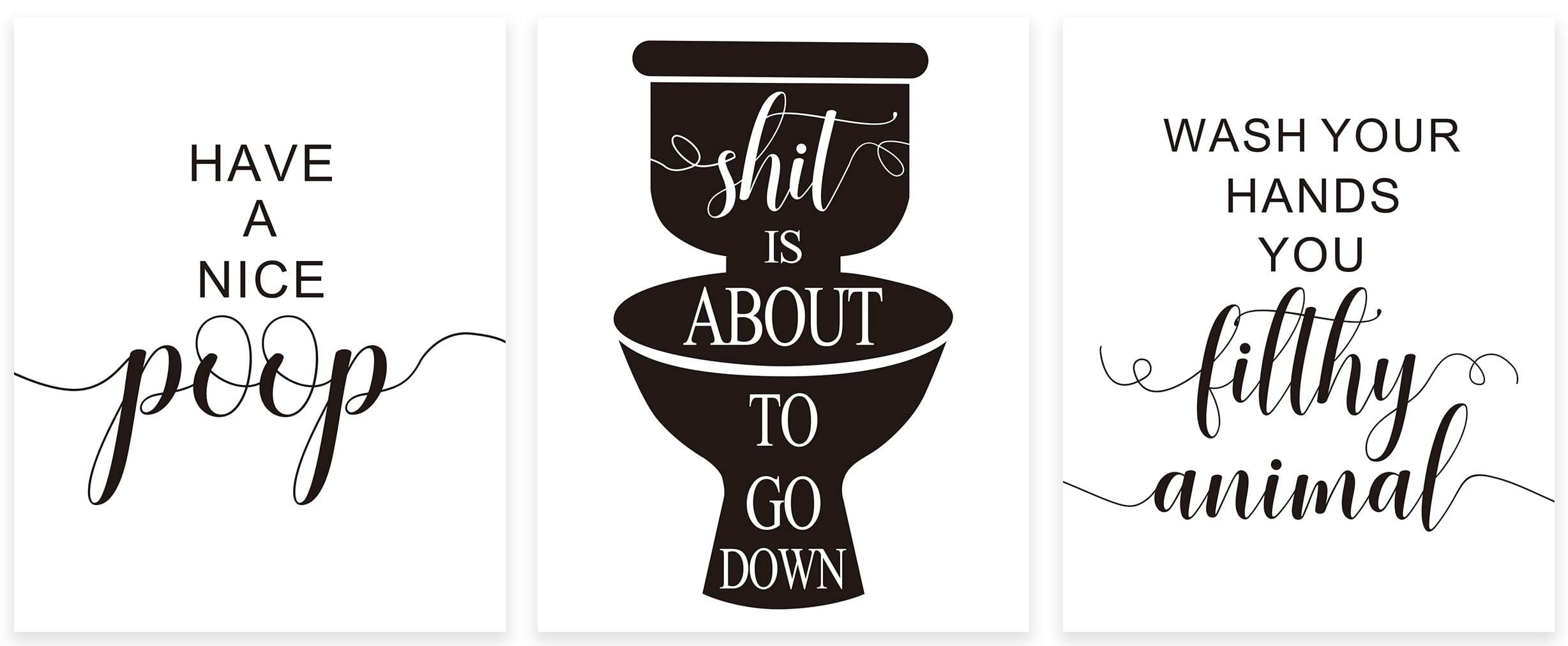 KAIRNE Funny Bathroom Quote And Saying Art Print Wash Your Hand Lettering Wall Poster Painting, Set Of 3(8”*10”Unframed) Black And White Toilet Sign Wall Art For Home Decor