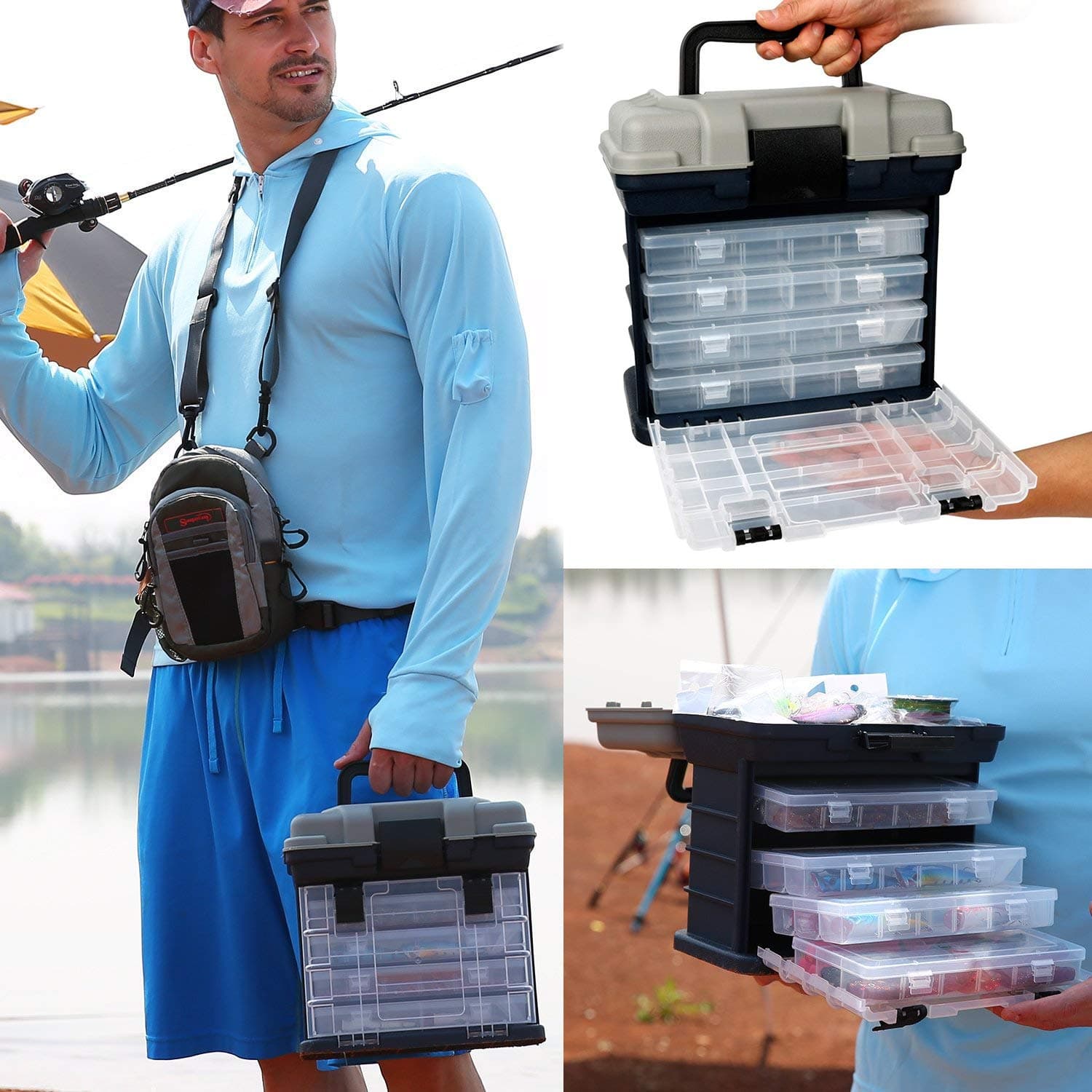 HotsUAEFishing Tackle Box Portable 4 Layers Fishing Box Sea Boat Fishing Accessory Box Case with Handle Utility Box 26x26x15cm